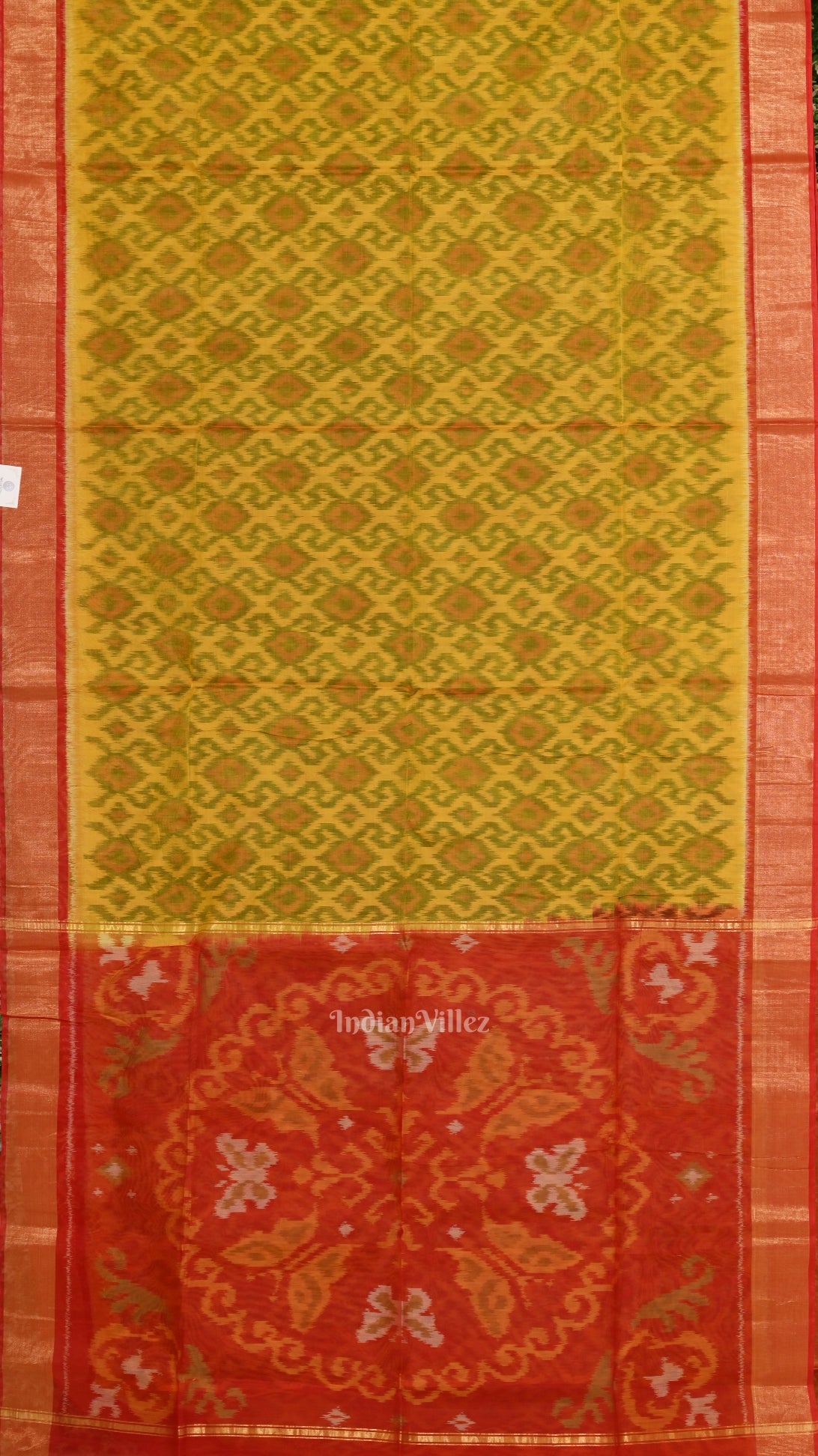 Silk cotton saree – IndianVillèz Yellow Red Pochampally Ikat Sico (Silk &Cotton) Saree with Zari Border