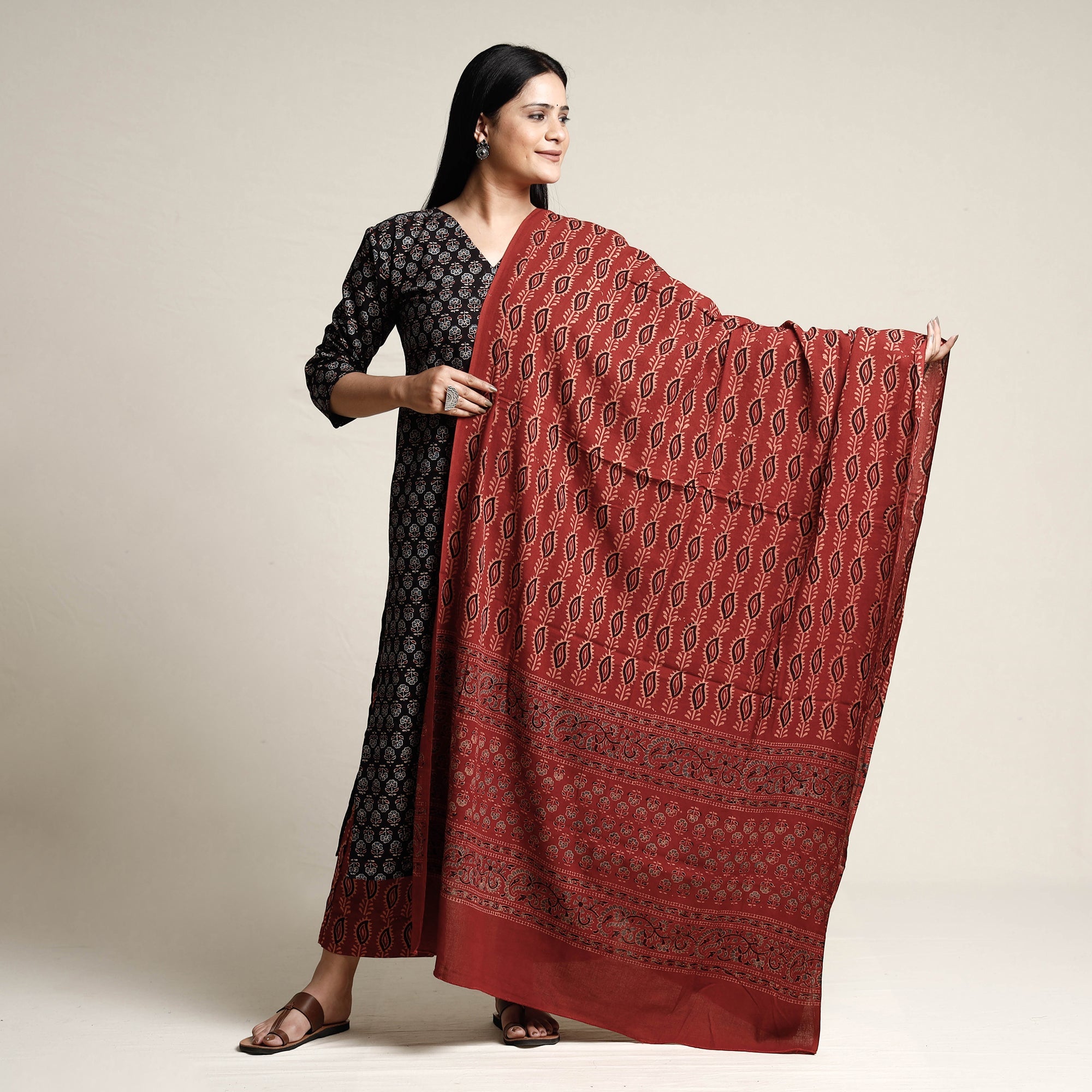 ITOKRI CASUALS Black - Ajrakh Block Printed Cotton Kurta with Palazzo & Dupatta Set
