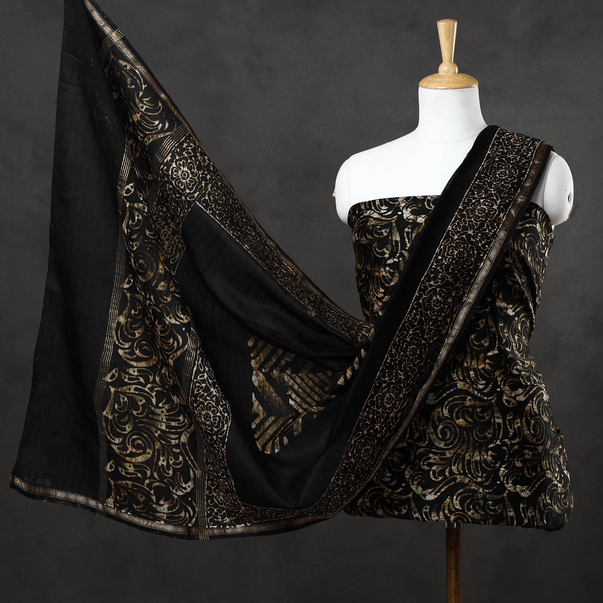 BATIK BY MD. SHARIFF Black - 3pc Hand Batik Printed Chanderi Silk Suit Material Set
