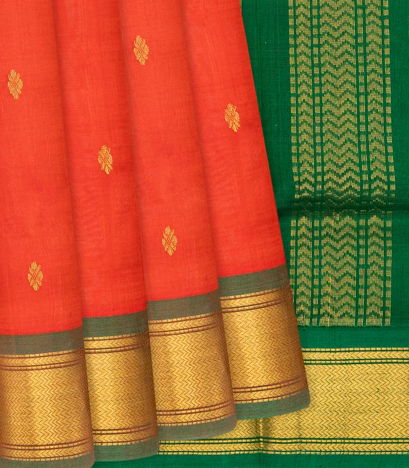 RmKV Red Handloom Korvai Silk Cotton Saree With Zari Buttas-Red