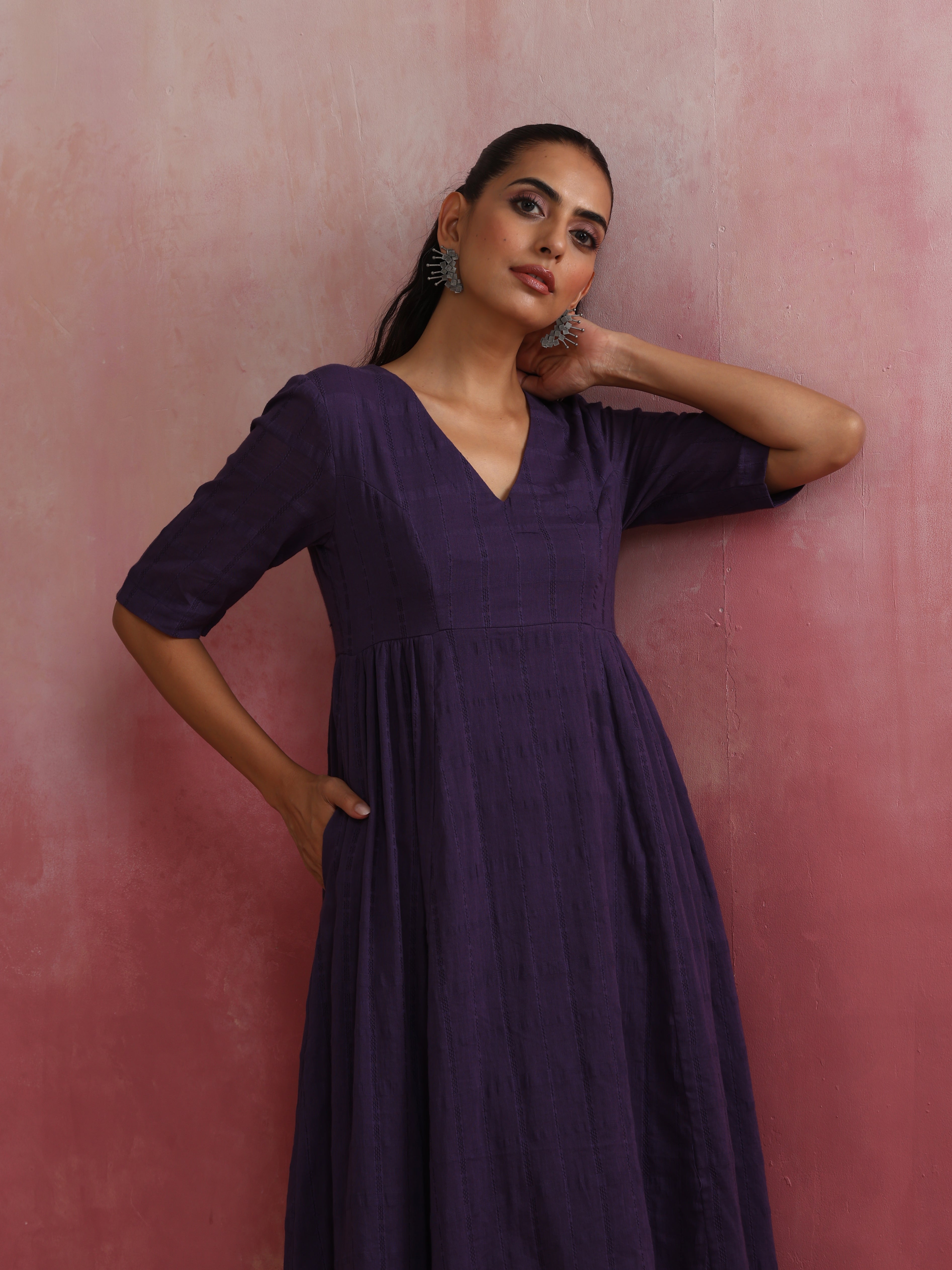trueBrowns Purple Cotton Dobby Dress - view 4