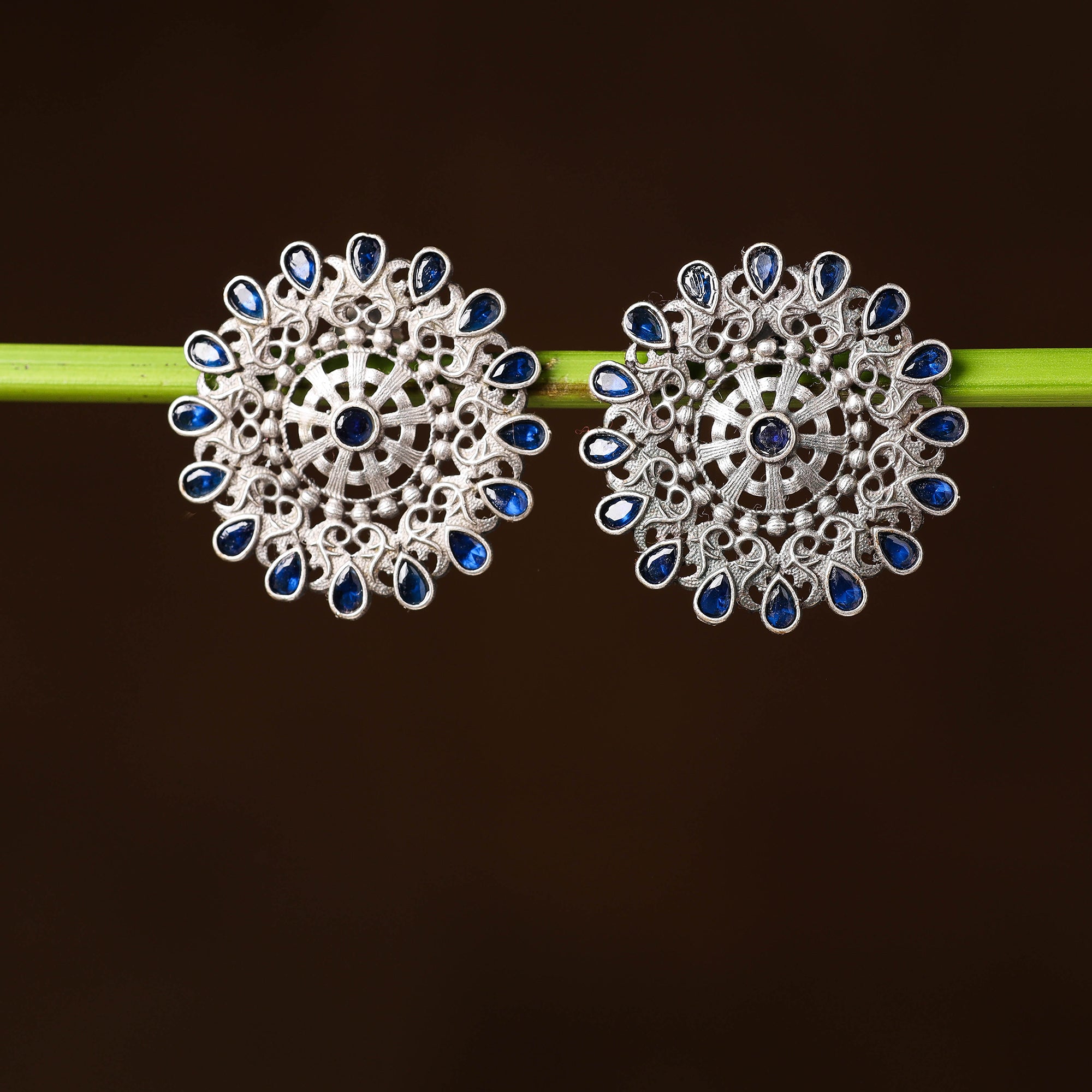 WHITE RIVER STORIES Antique Silver Finish Oxidised Brass Base Stone Work Stud Earrings