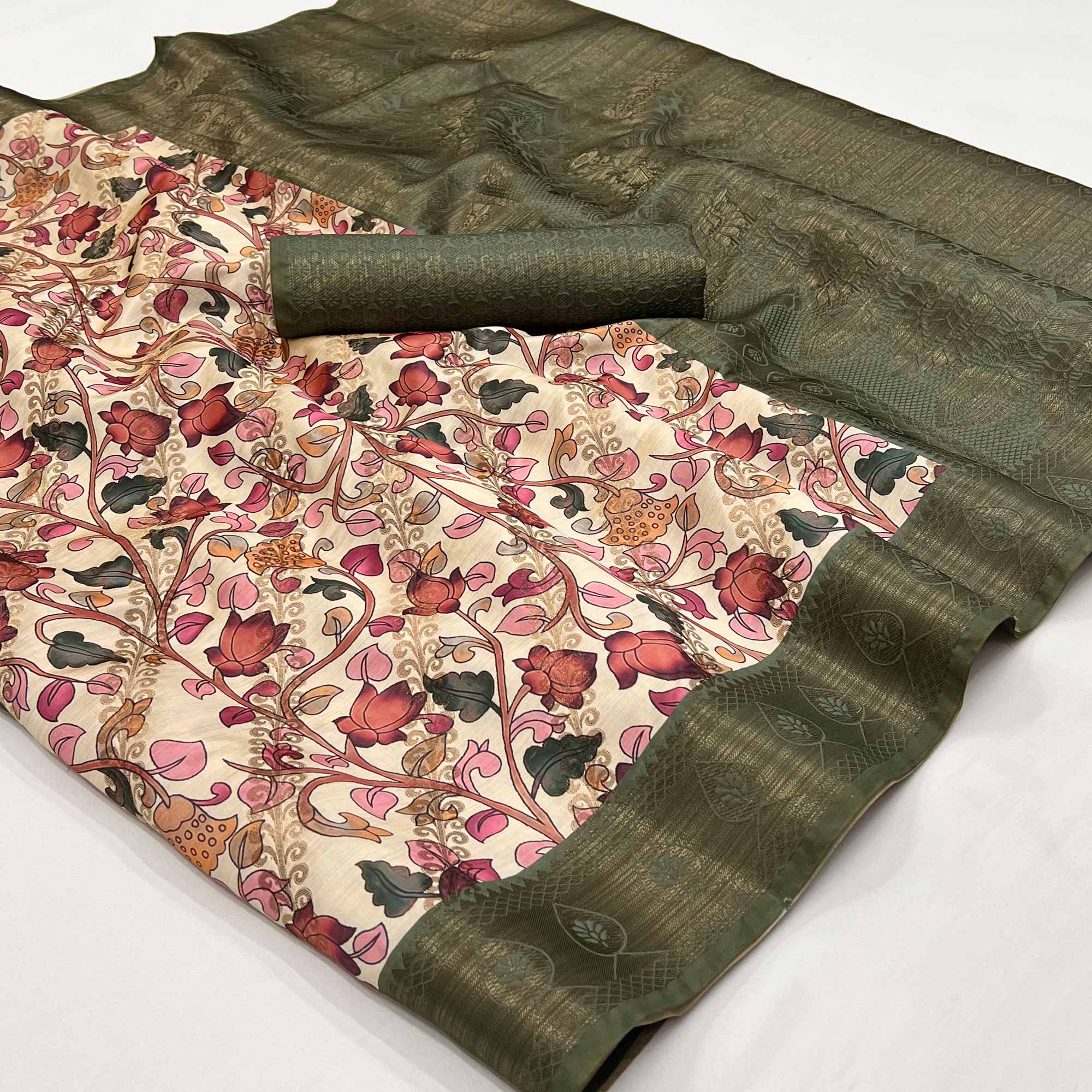 Peachmode Cream Digital Printed Cotton Silk Saree