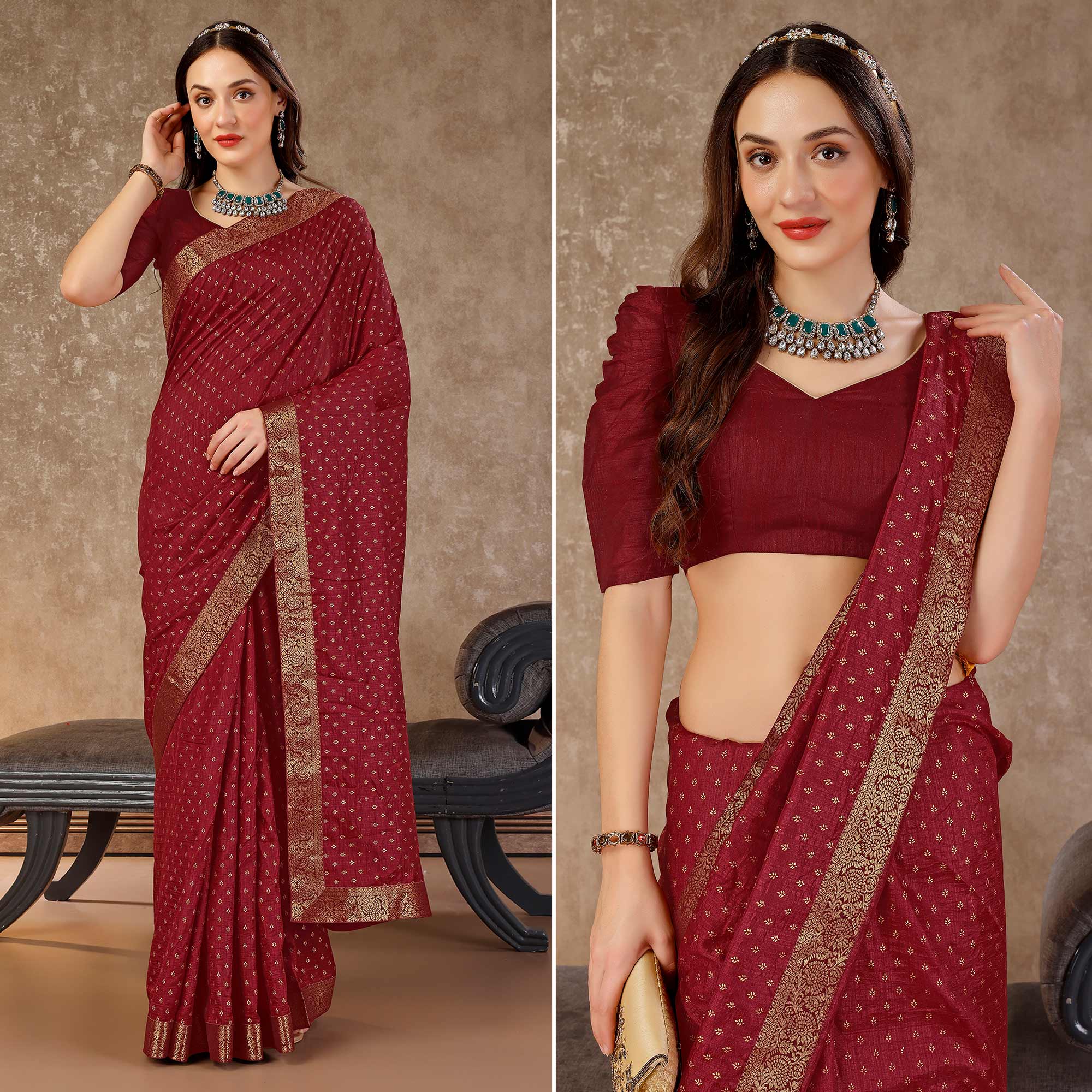 Peachmode Dark Maroon Floral Foil Printed Vichitra Silk Saree With Lace Border