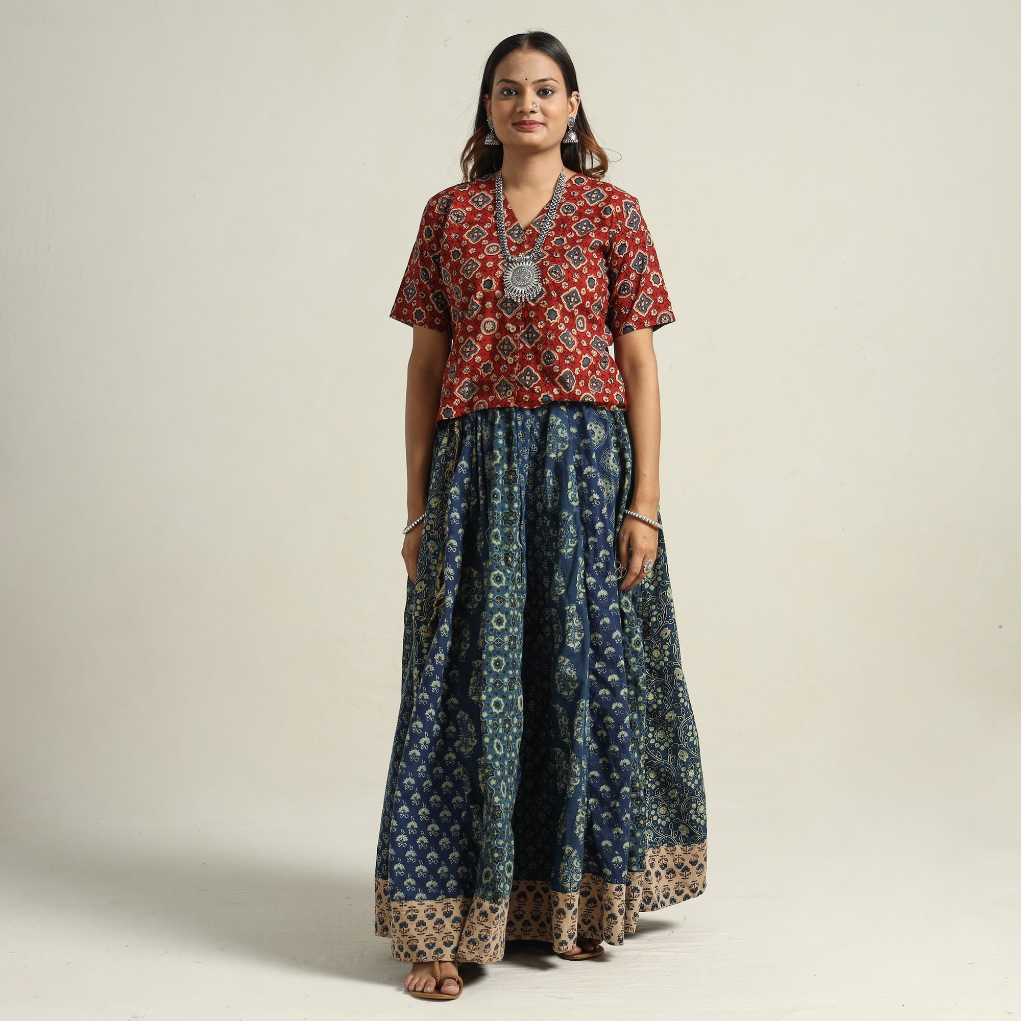 NOORI BAZAR Blue - Ajrakh Block Printed 24 Kali Patchwork Cotton Long Skirt 31