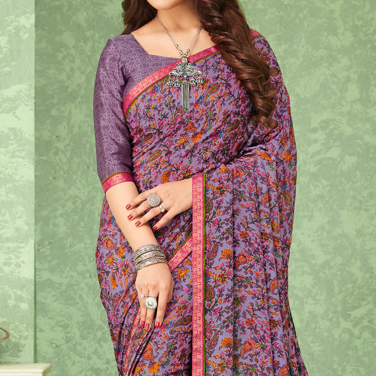 Peachmode Lavender Casual Wear Floral Printed Crepe Saree With Banarasi Border - view 2