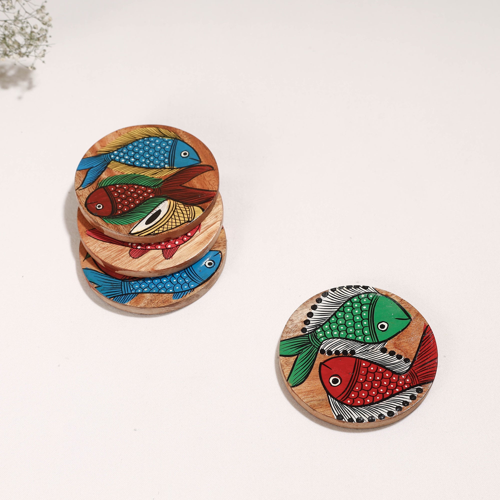 ITOKRI CRAFTS INITIATIVE Bengal Patua Handpainted Akashmoni Wooden Coasters (Set of 4) - view 3
