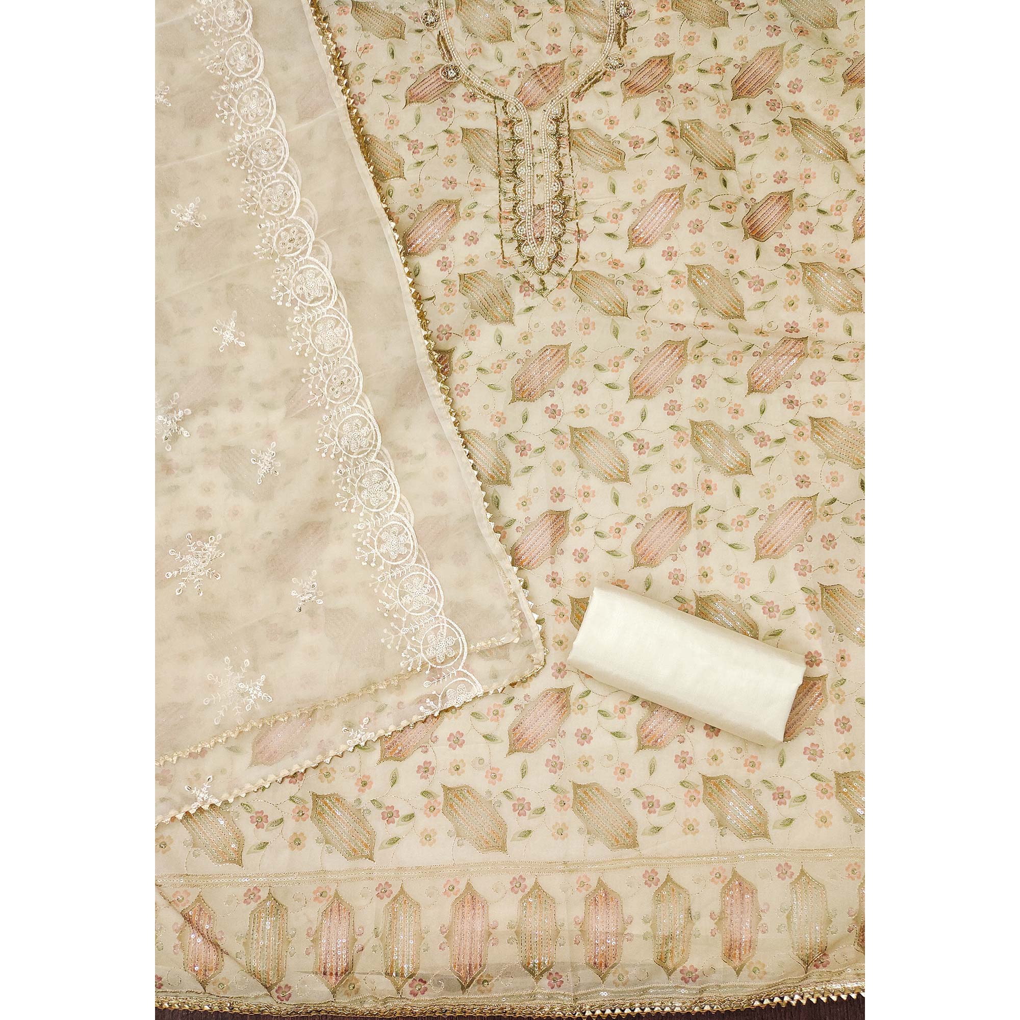 Peachmode Cream Floral Embroidered With Handwork Organza Dress Material - view 4