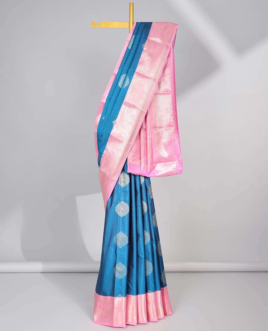 Pothys Blue floral motifs gift saree with contrast paisley border & intricate zari design pallu