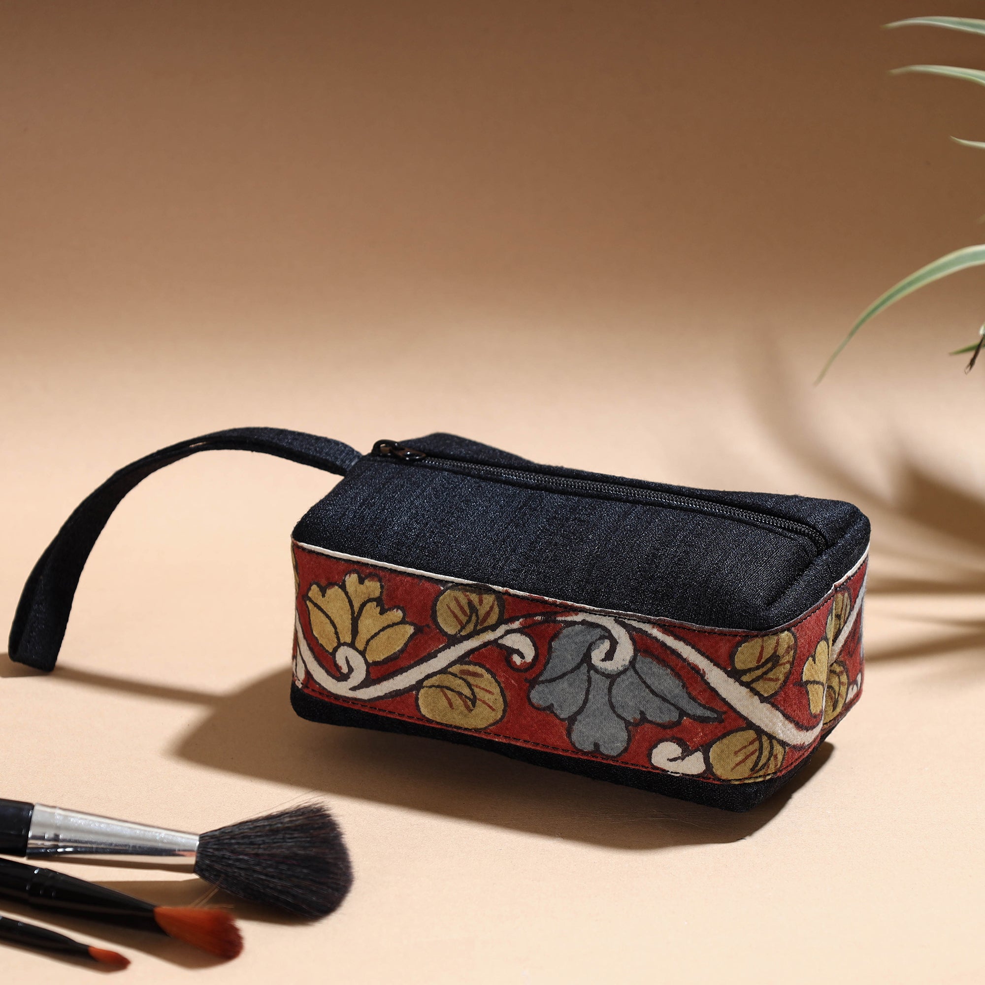 DWARAKA PLUS Black - Handpainted Kalamkari Natural Dyed Ghicha Silk Multipurpose Cosmetic/Toiletry Pouch