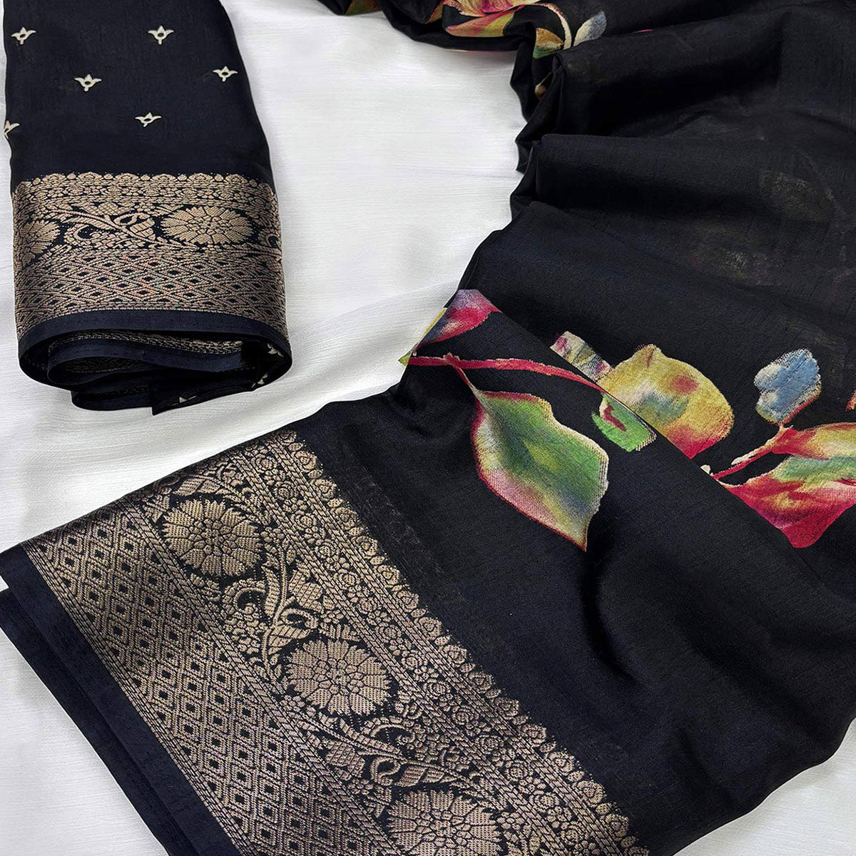 Peachmode Black Printed Dola Silk Saree With Jacquard Border - view 2