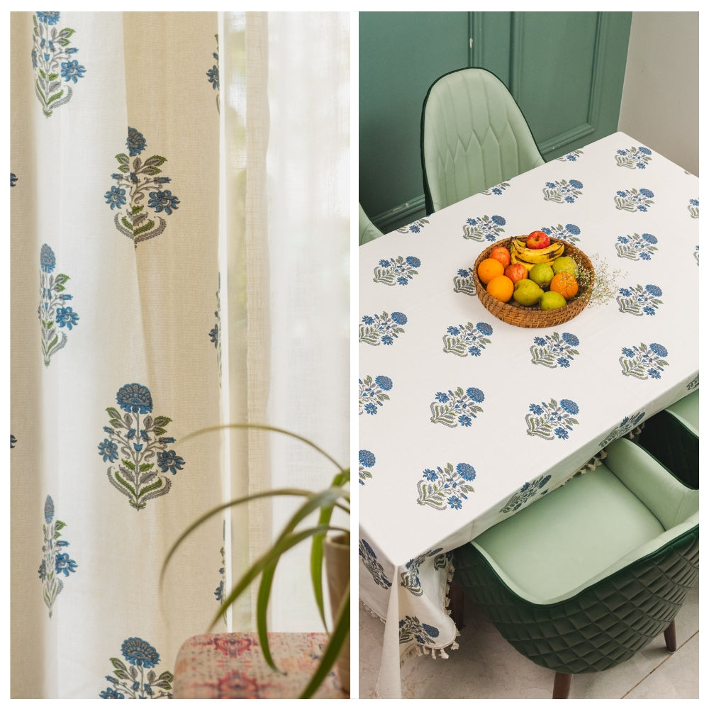 Cotton curtains cotton – Urban Space Home Furnishing Cotton Curtains + Cotton Table Cover - (Combo 3 - Liberty Blue + Liberty Blue)