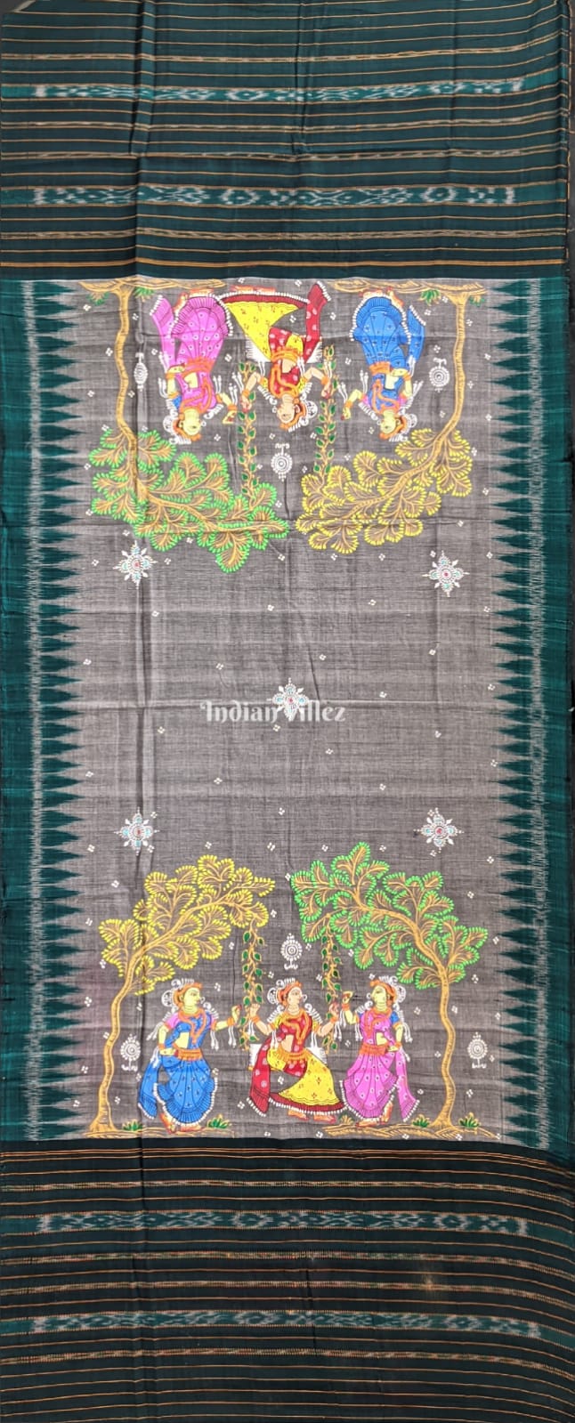 IndianVillèz Gray Bottle Green Raja Theme Cotton Pattachitra Dupatta