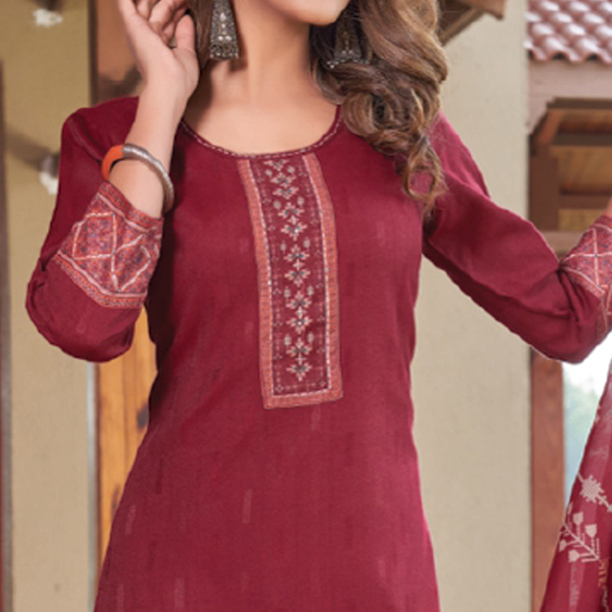 Peachmode Seller Maroon Embroidered Rayon Kurti With Dupatta - view 3