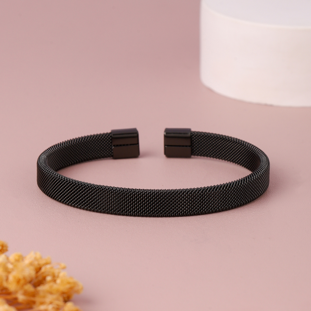 Branta Black Plated Woven Stainless Steel Cuff Bracelet For Men