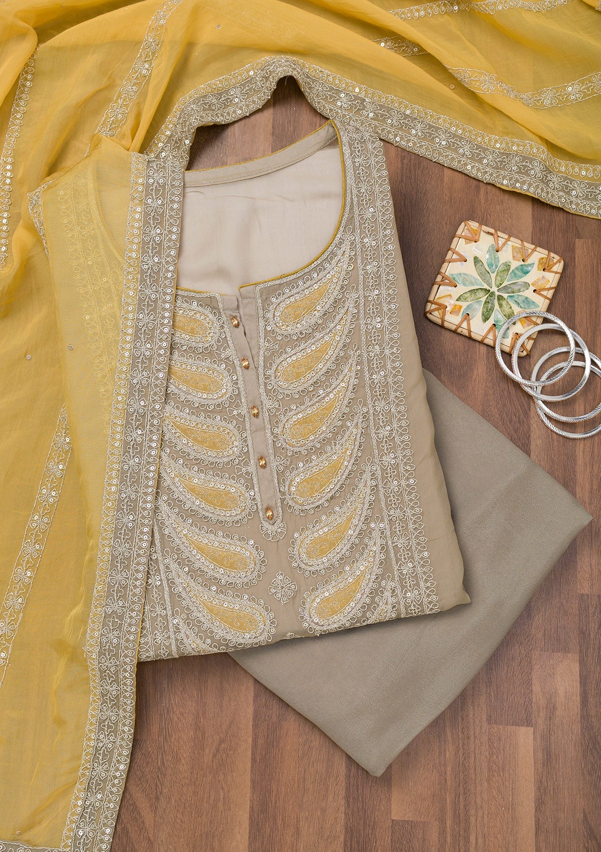 Koskii Grey Zariwork Semi Crepe Unstitched Salwar Suit