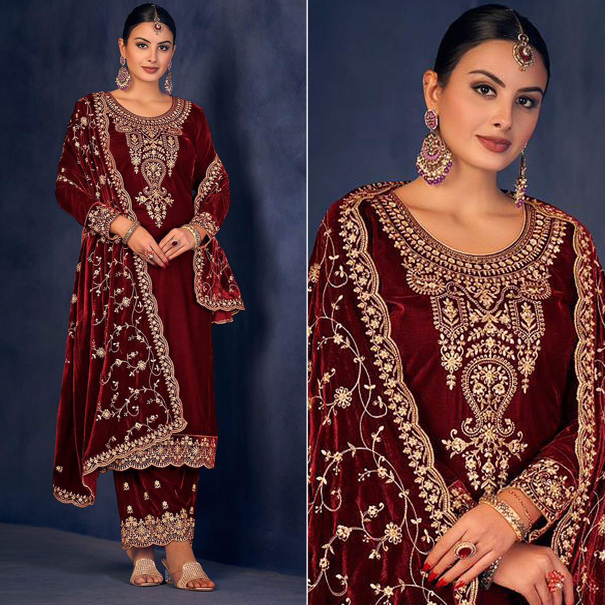 Peachmode Maroon Floral Sequins Embroidered Velvet Semi Stitched Suit