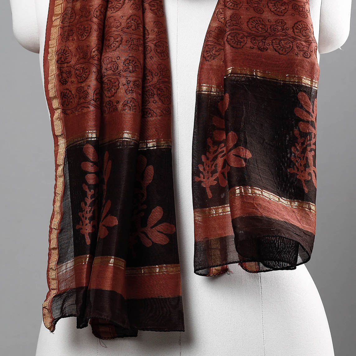 BAGRU DABU PRINTS Brown - Bagru Block Printed Chanderi Silk Handloom Stole with Zari Border - view 2