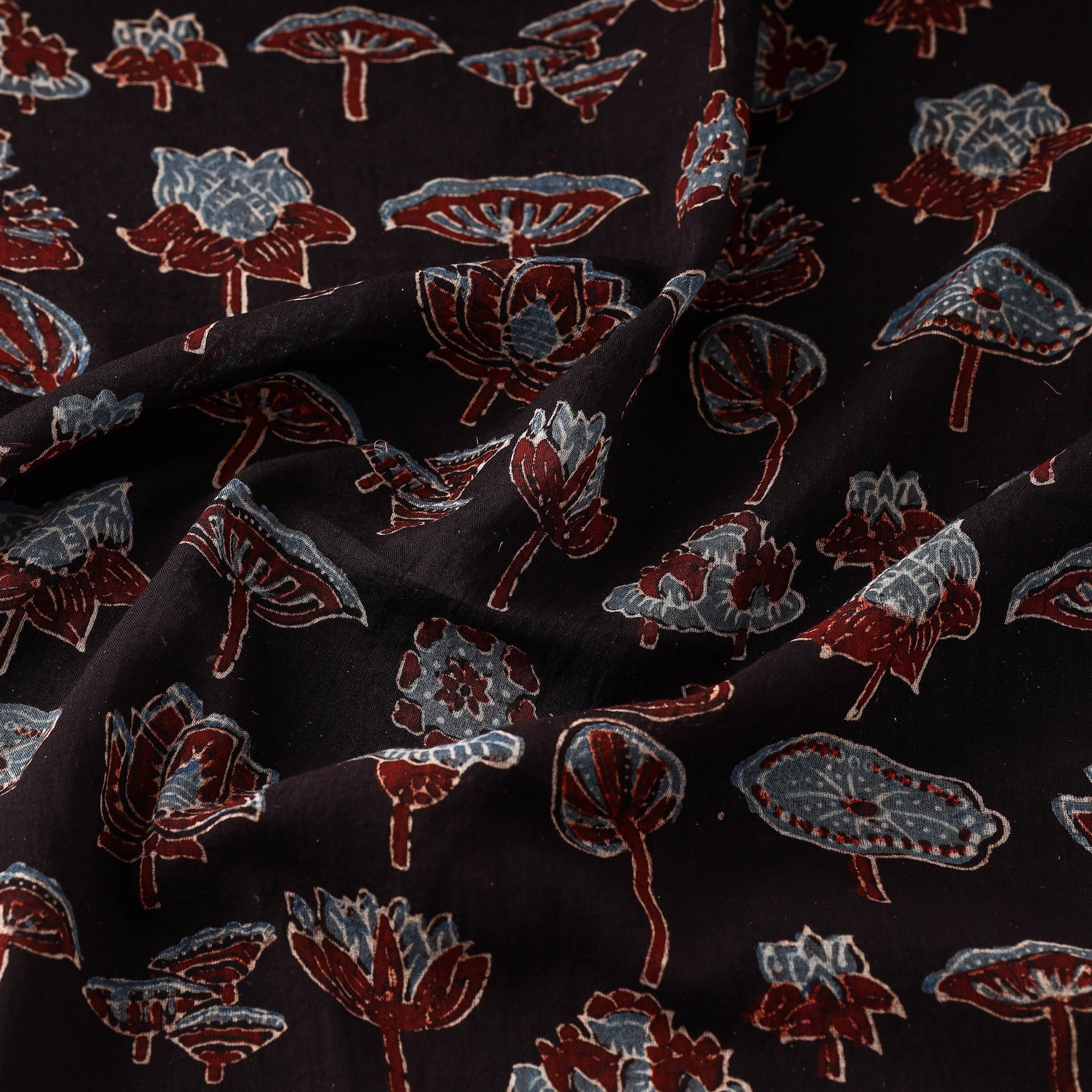 KACHCHH JI CHHAAP Black - Multistructure Florets Ajrakh Hand Block Printed Mul Cotton Fabric - view 3