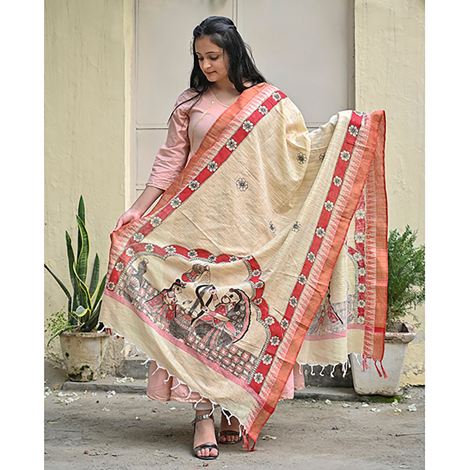 DIORAMA DESIGNS Beige - Madhubani Hand-Painted Makhan Chor Cotton Dupatta