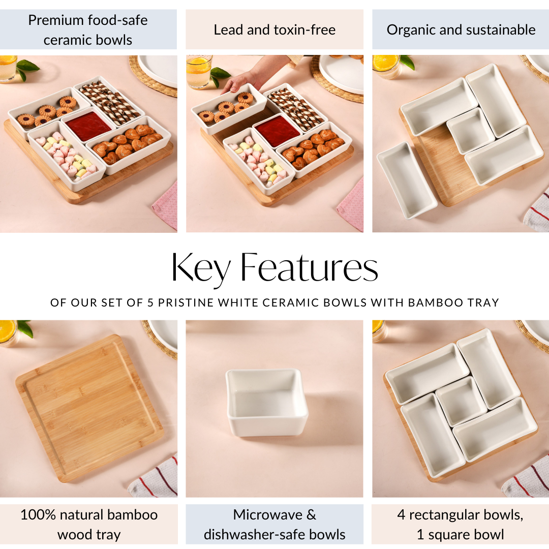 Nestasia White Ceramic Bowls With Bamboo Tray Set Of 5 - view 5