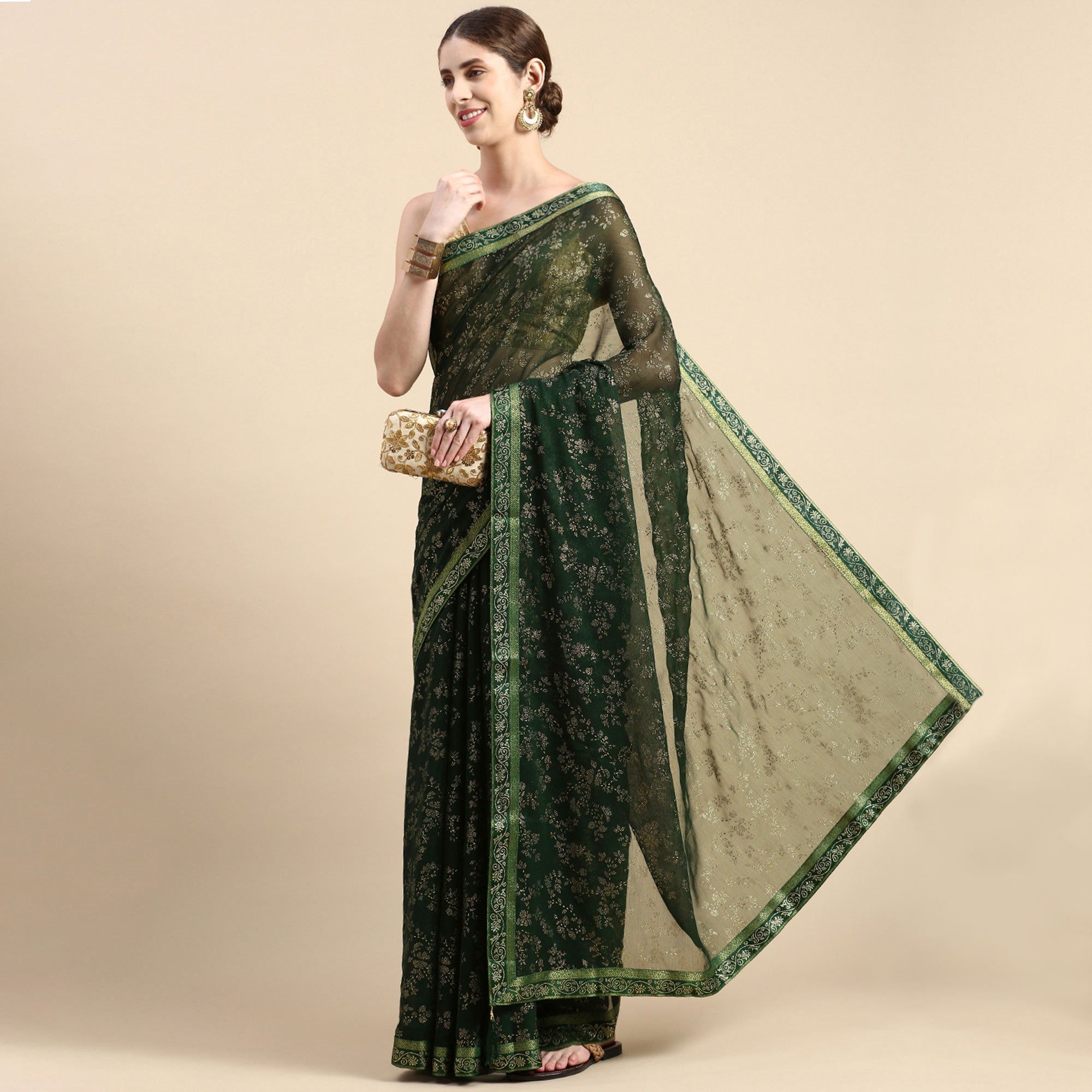 BlackTree green-floral-foil-printed-shimmer-saree - view 2