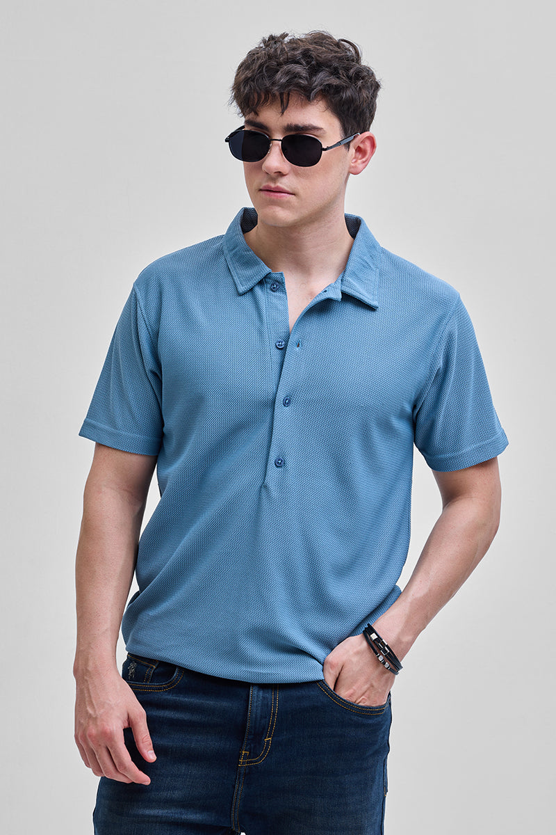 SNITCH Blue Textured Polo T-Shirt