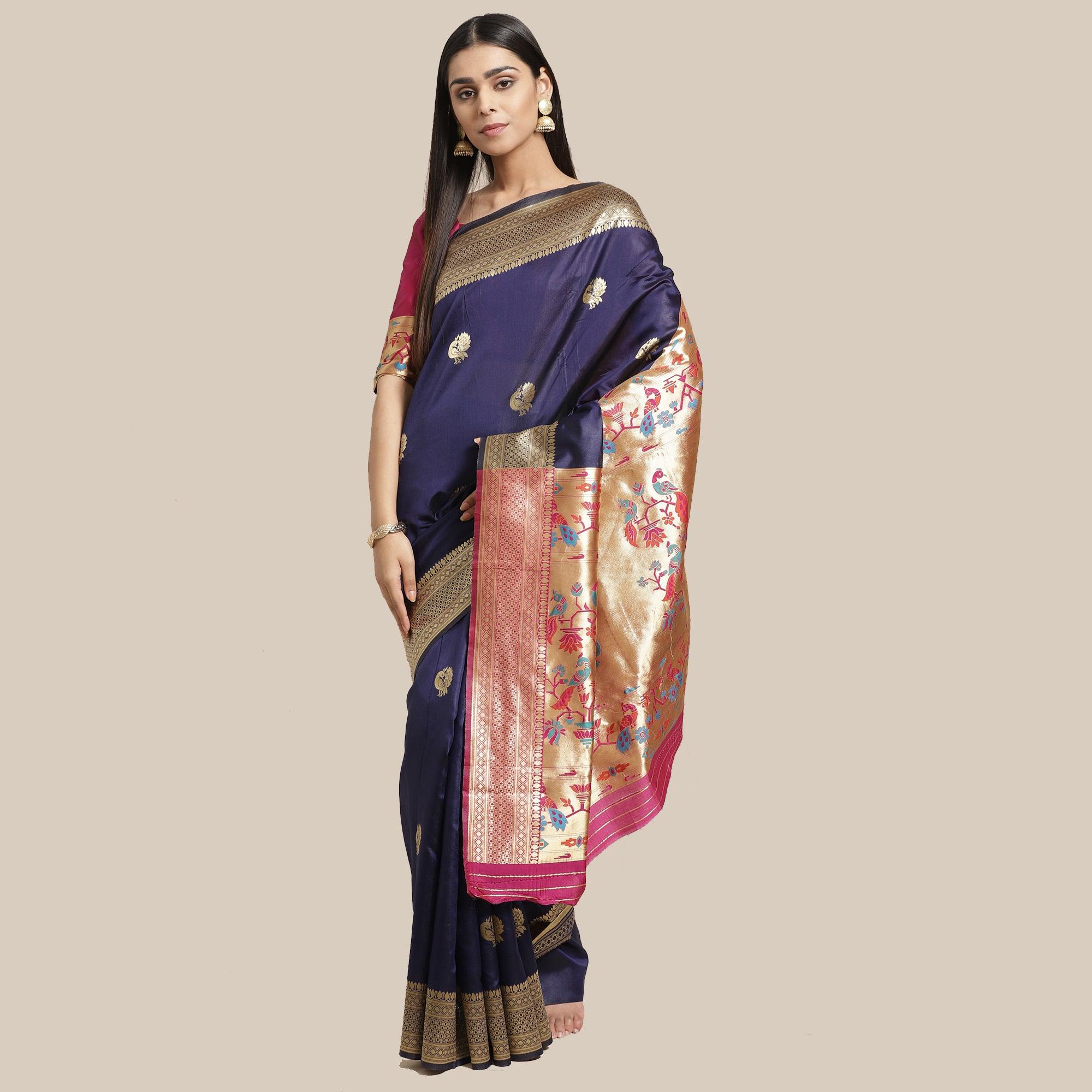 Peachmode Majesty Navy Blue Colored Festive Wear Woven Silk Blend Saree