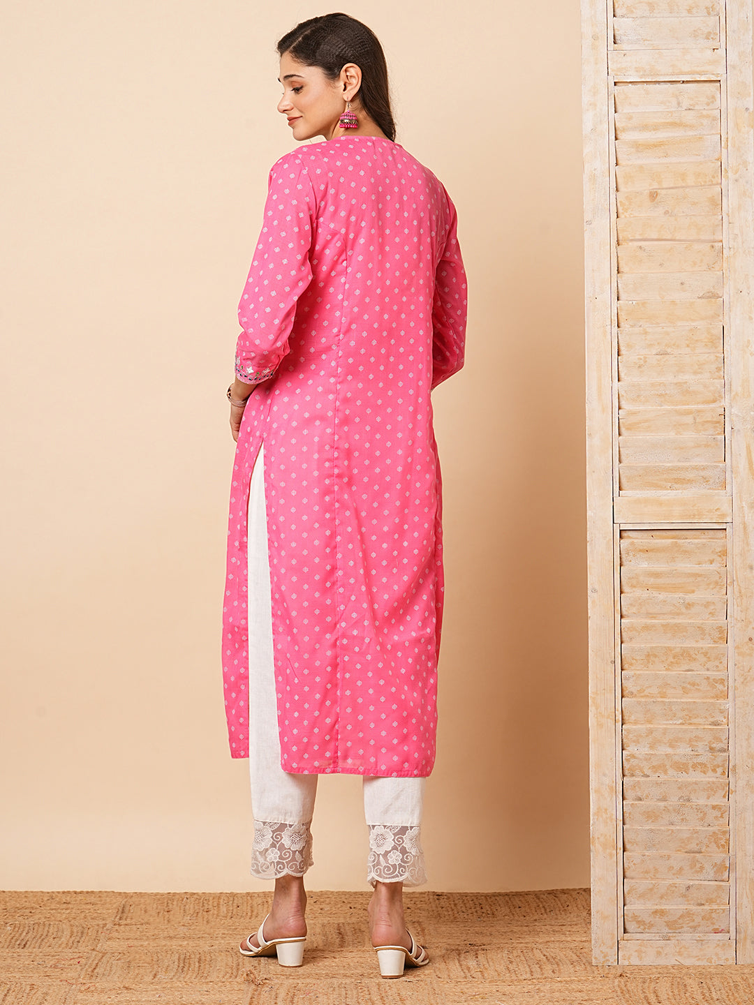 FASHOR Ethnic Khari Printed & Embroidered Straight Fit Kurta - Pink - view 6