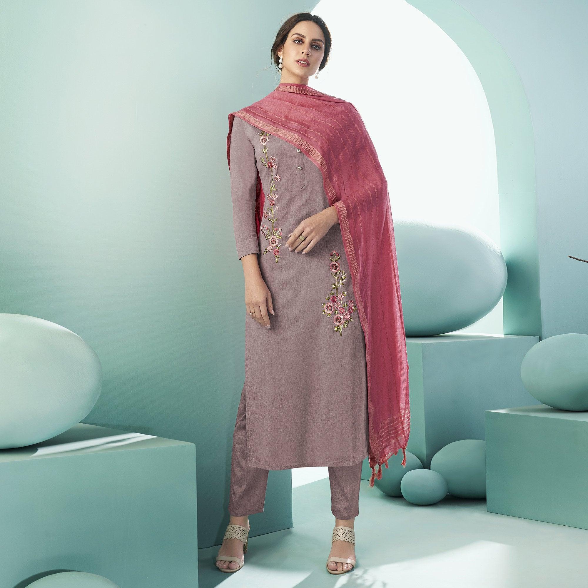 Peachmode Seller Mauve Casual Wear Embroidered Cotton Suit