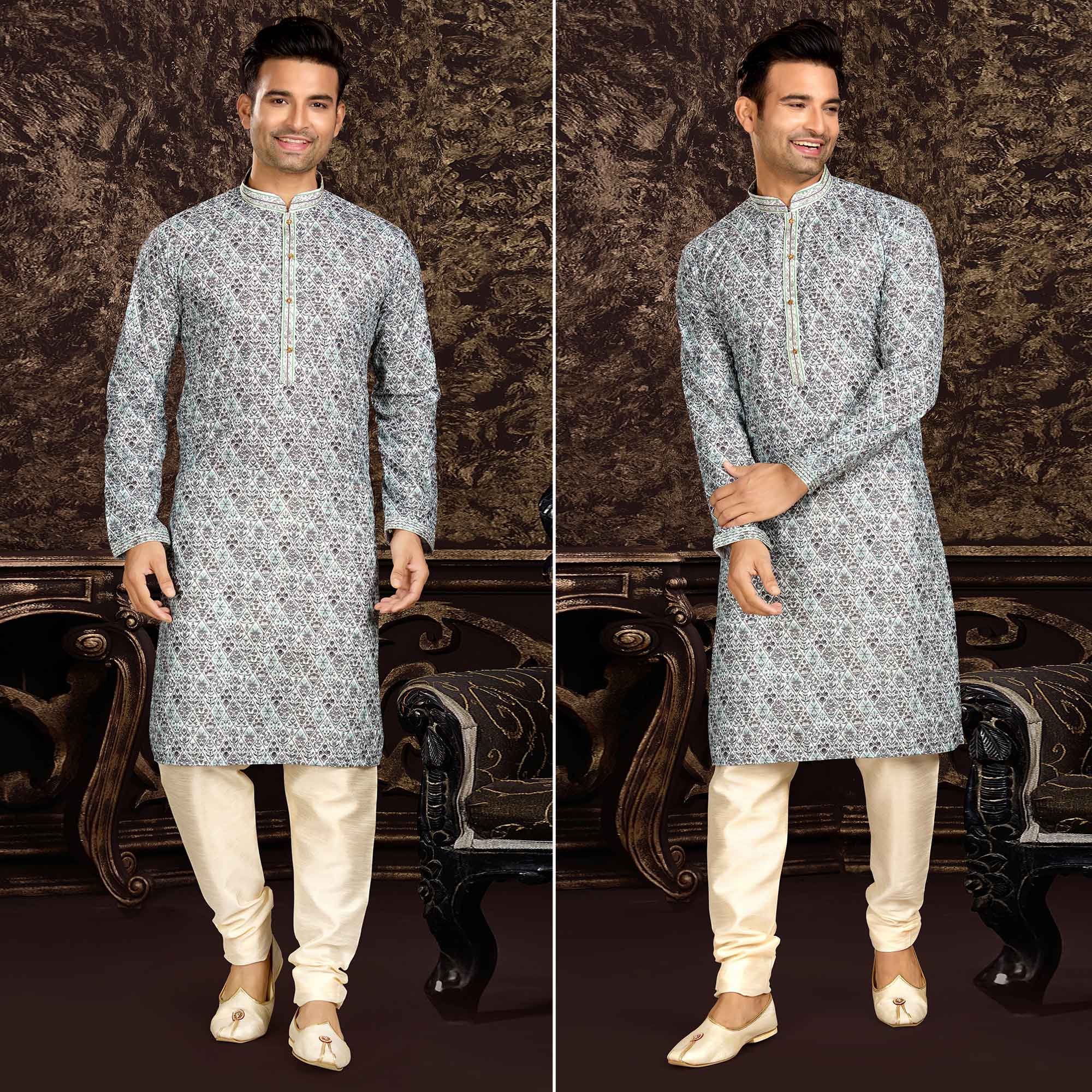 Grey sleepwear – BlackTree grey-lucknowi-and-digital-printed-cotton-kurta-pyjama-set-1