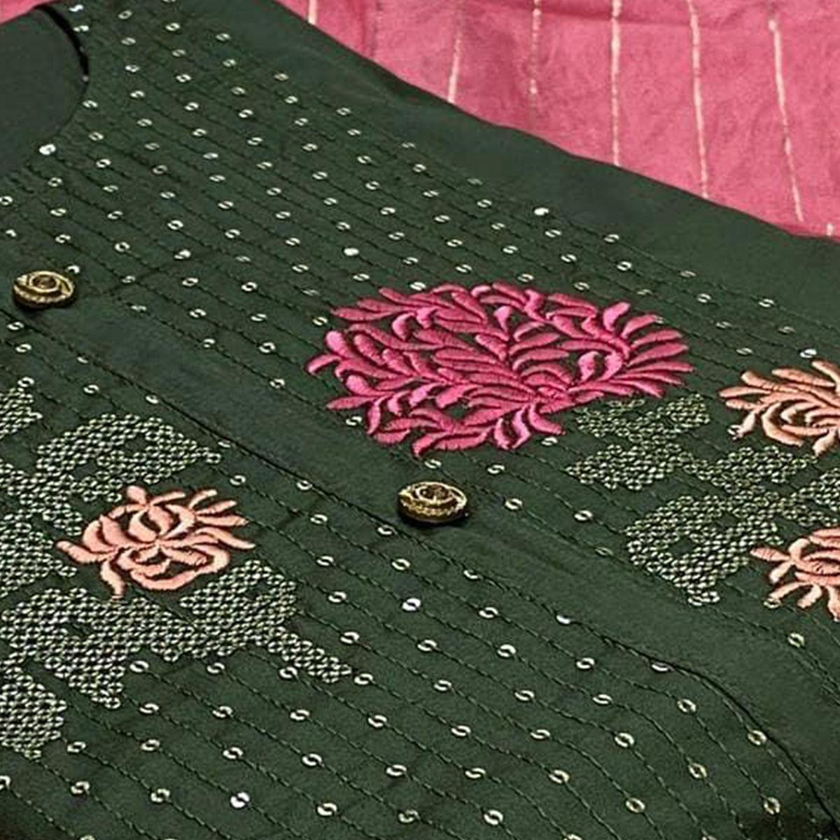 Peachmode Dark Green Embroidered With Embellished Pure Cotton Dress Material - view 2