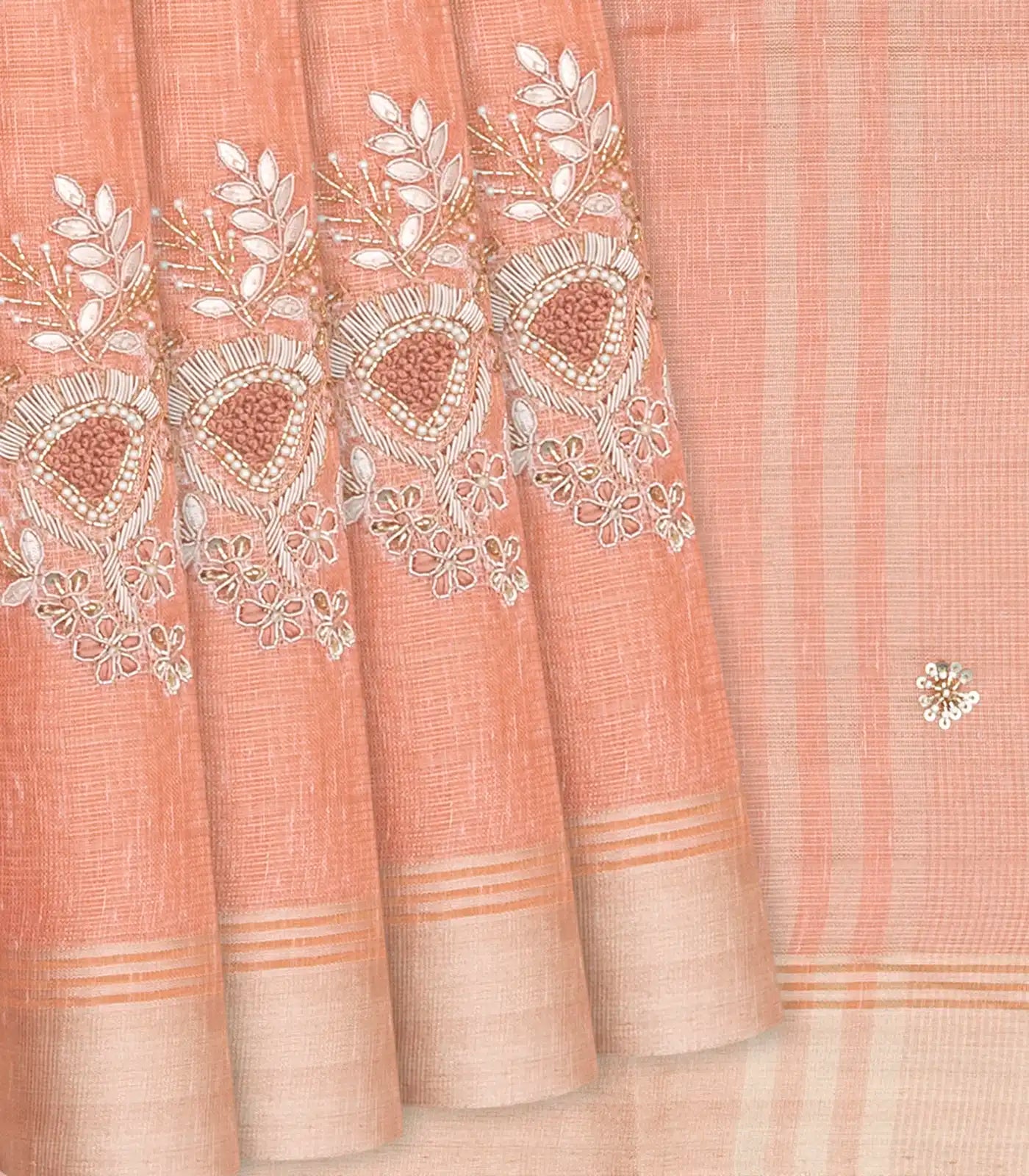 RmKV Peach Tissue Embroidered Saree With Floral Butta Motifs-Peach