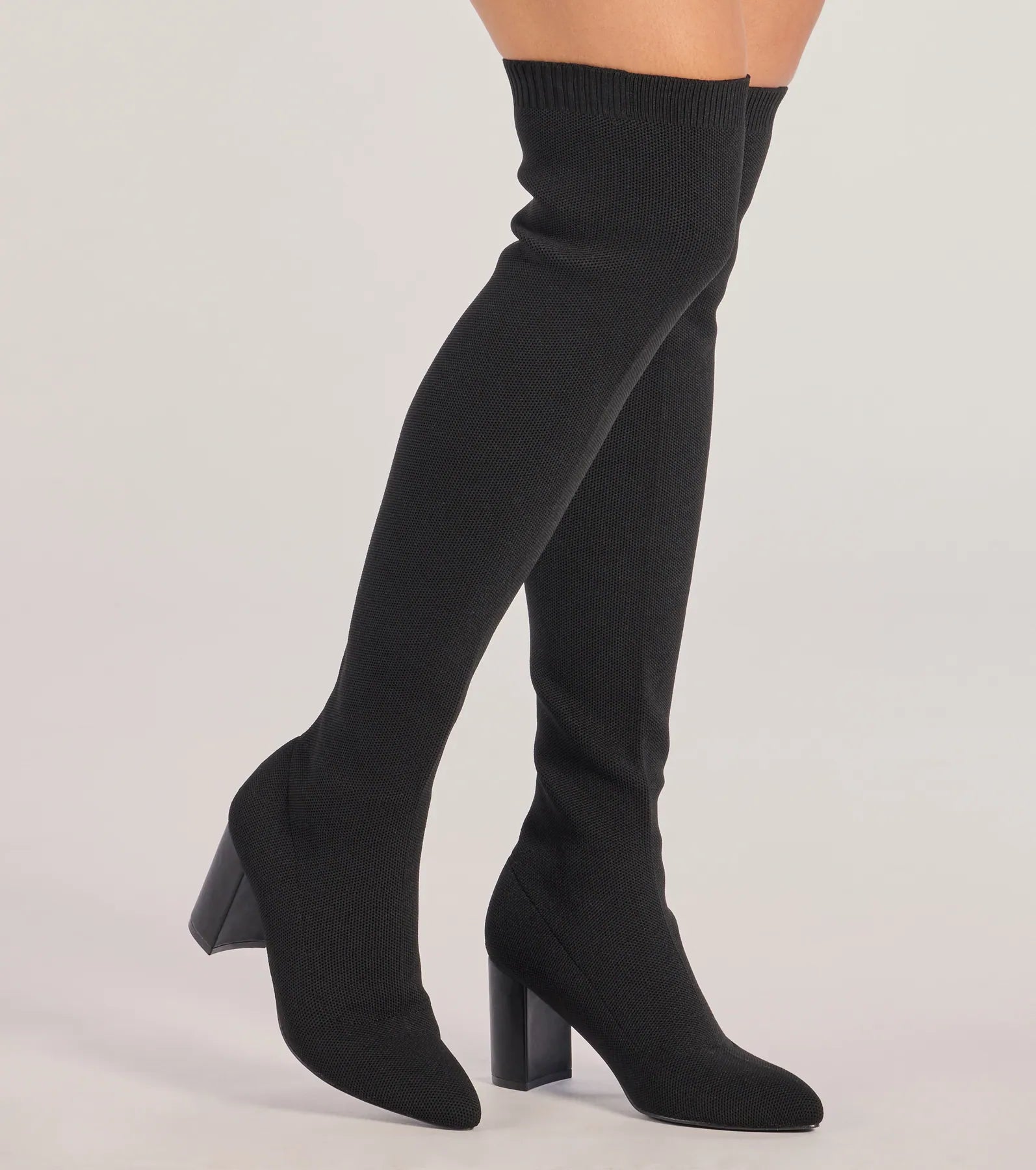 Windsor Chic Stride Knit Over-The-Knee Boots – BLACK