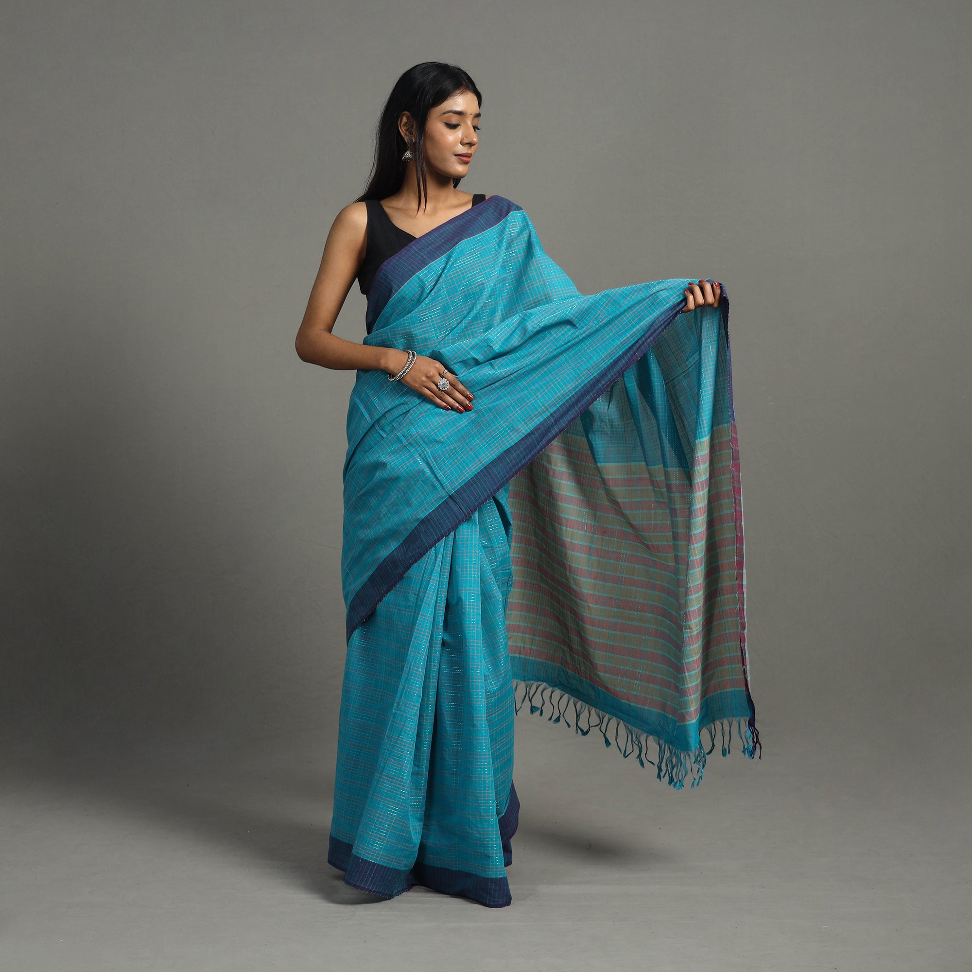 CREYO Blue - Bazaar Checks Cotton Handloom Saree 44 - view 2