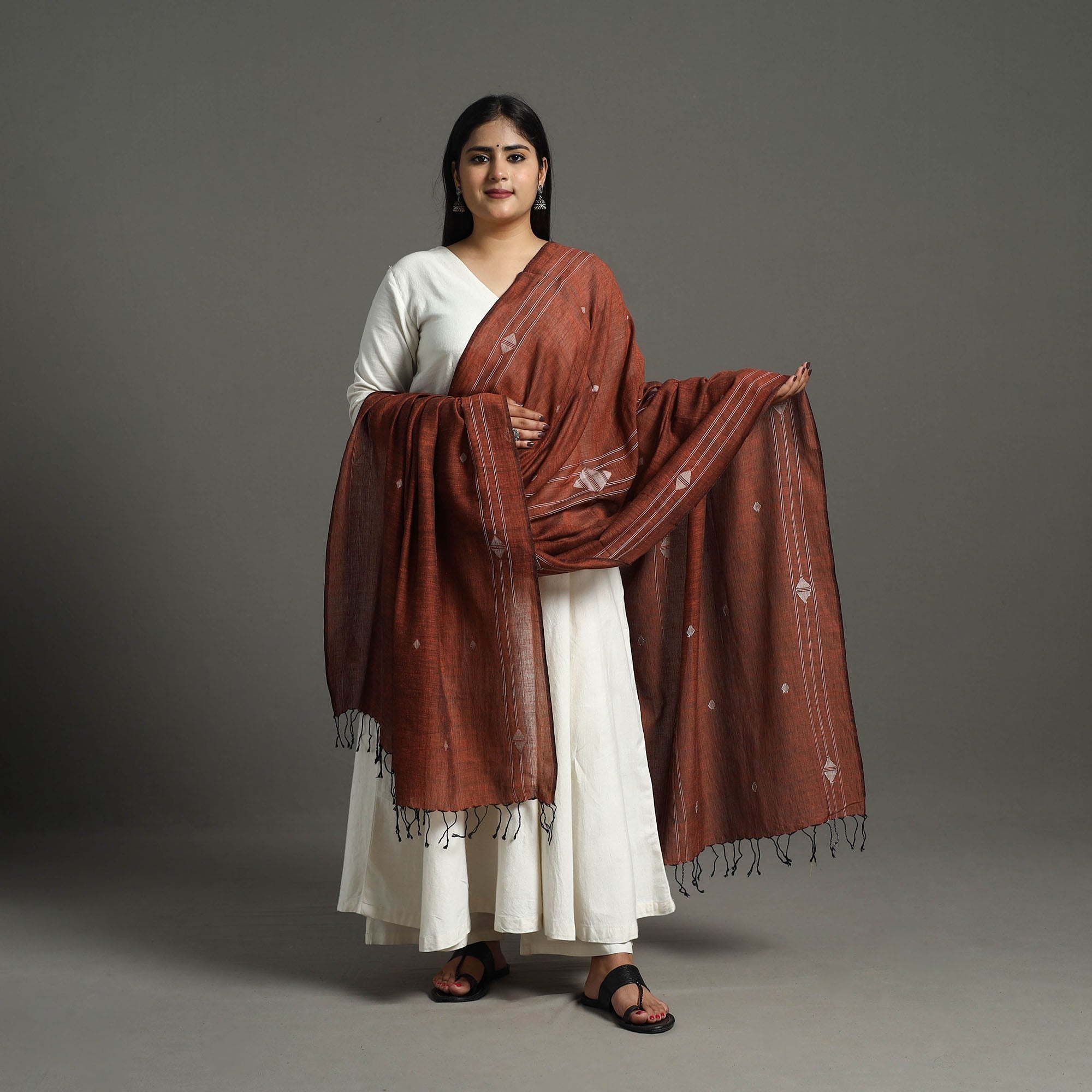 KHUSHBASH - HAPPY LOOM OF EAST Brown - Handloom Cotton Burdwan Jamdani Dupatta 14