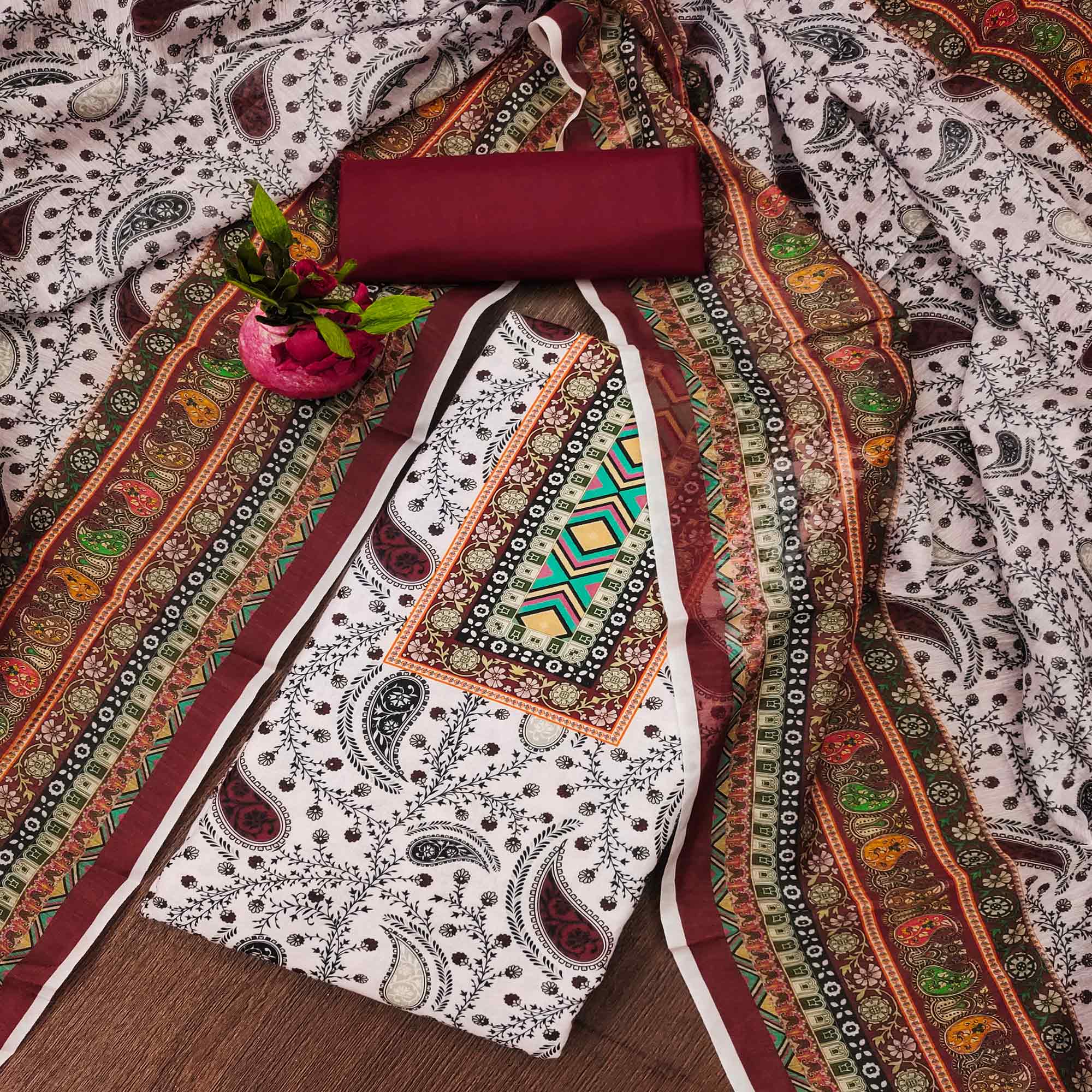 Peachmode Maroon Floral Printed Cotton Blend Dress Material