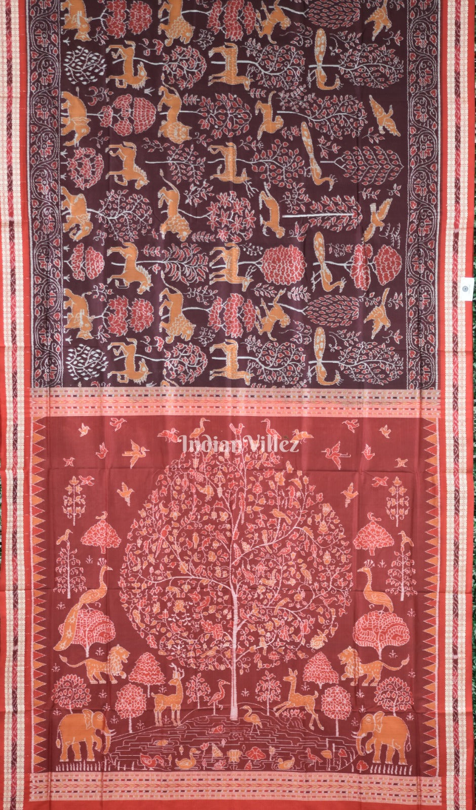 IndianVillèz Maroon Jungle and Animal Theme Sambalpuri Silk Saree