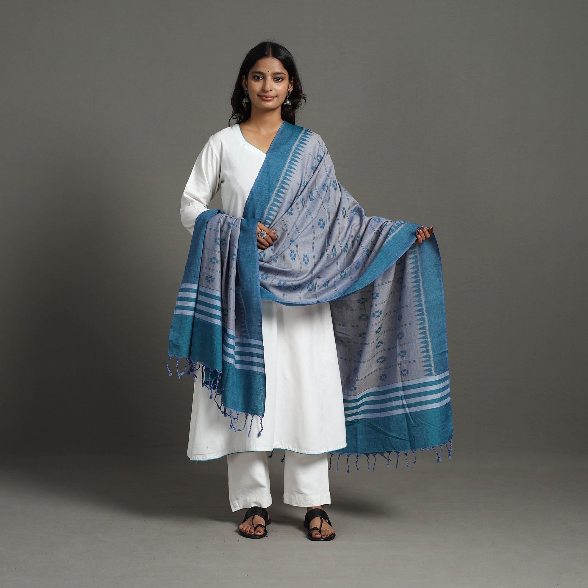 ASHOKA ASSEMBLE - CELEBRATING CRAFTS OF ODISHA Grey - Handloom Cotton Maniabandha Ikat Dupatta 22