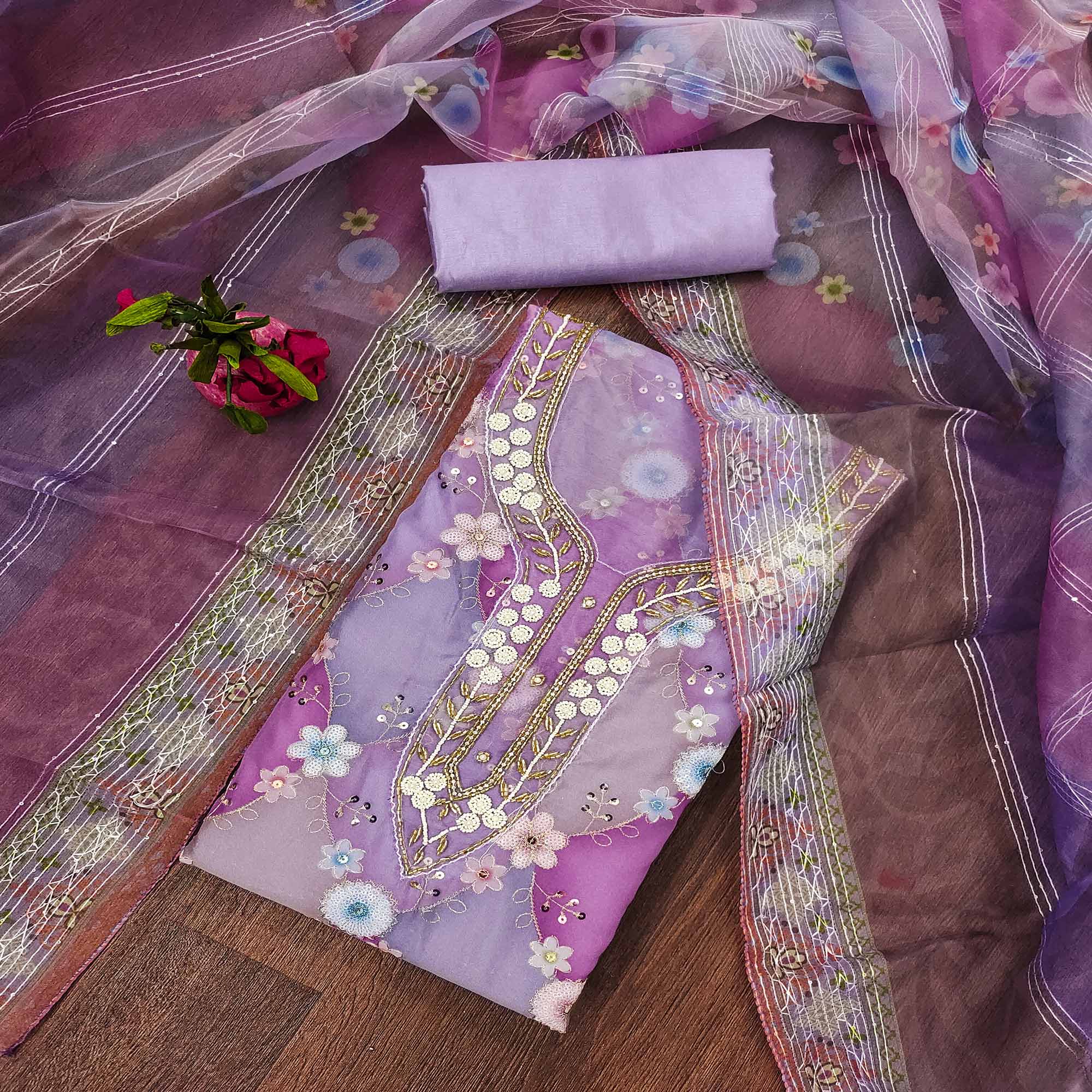 Peachmode Lavender Floral Sequins Embroidered Organza Dress Material