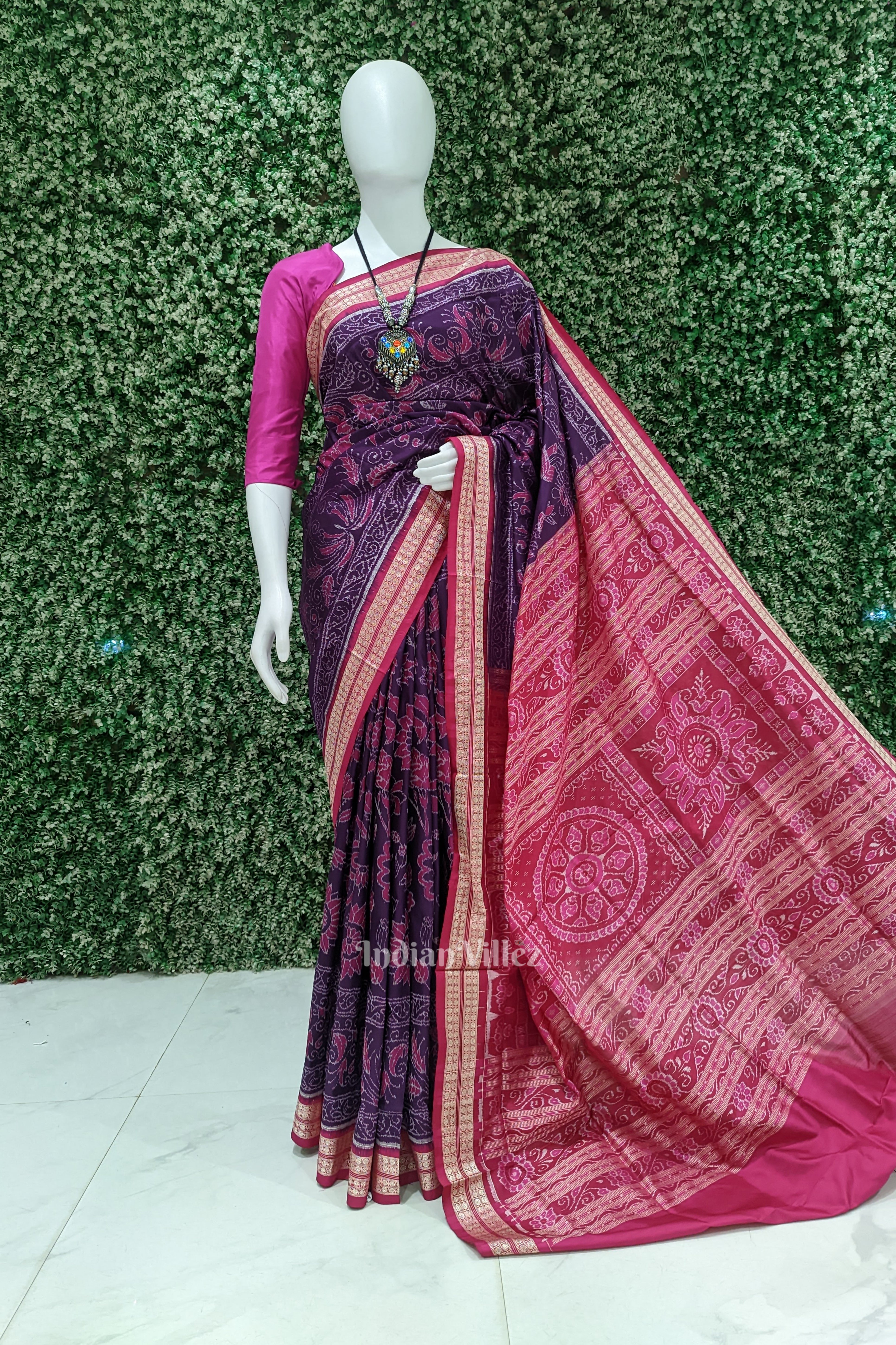 IndianVillèz Purple Pink Flower Design Sambalpuri Pure Silk Saree
