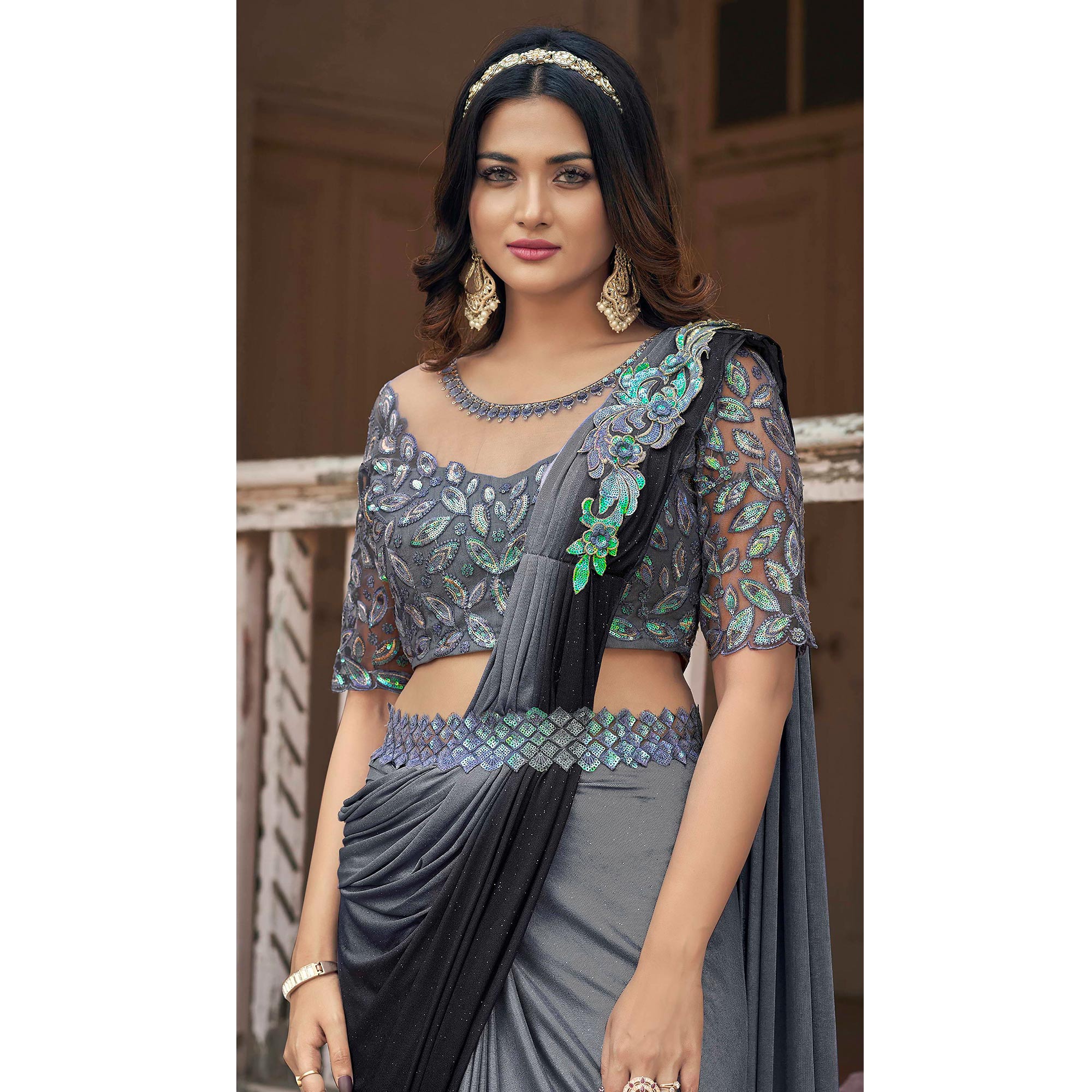 Peachmode Seller Grey Sequins Embroidered Ready To Wear Lycra Saree - view 4