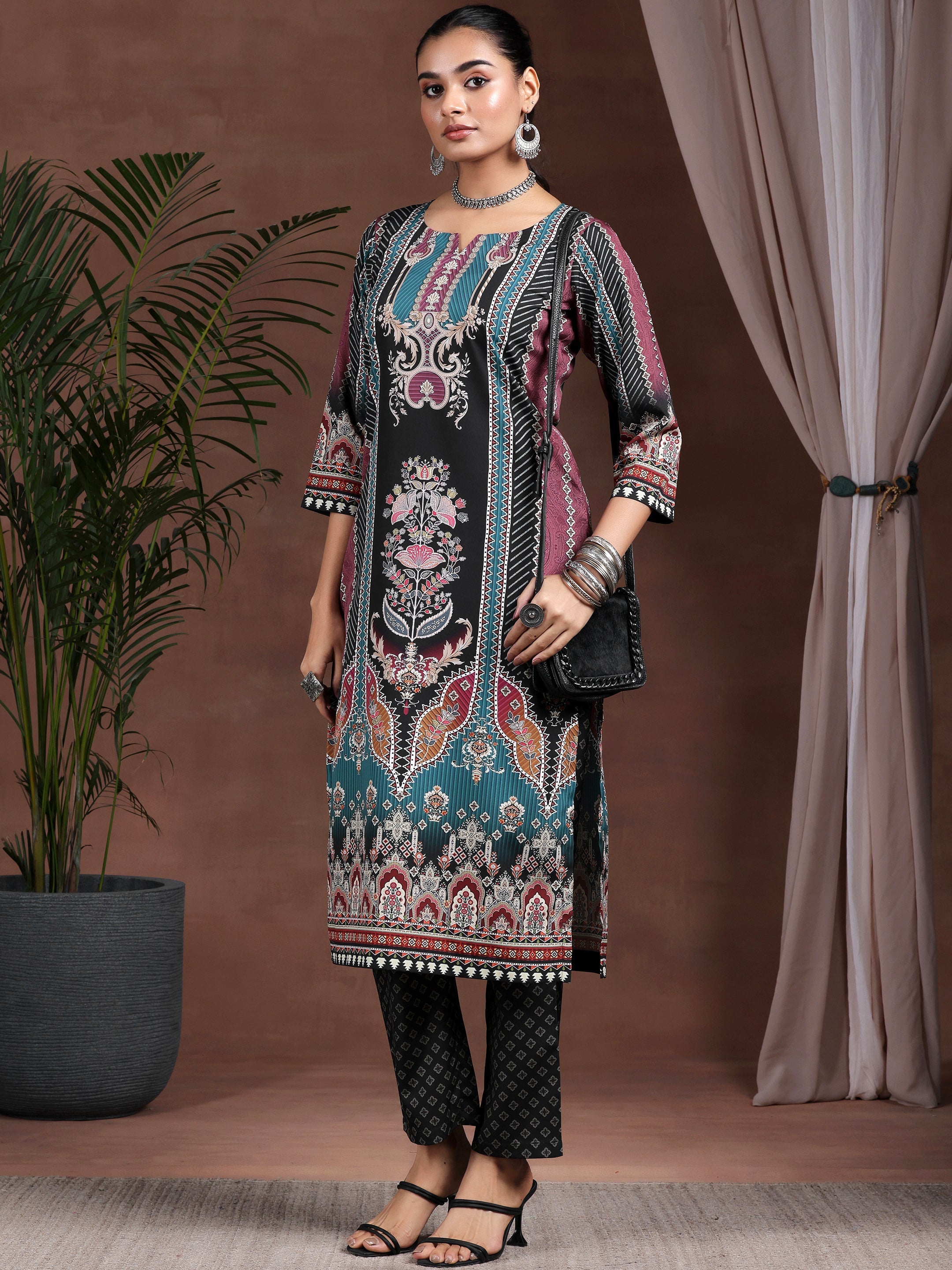 Libas Black Printed Poly Crepe Straight Suit With Dupatta
