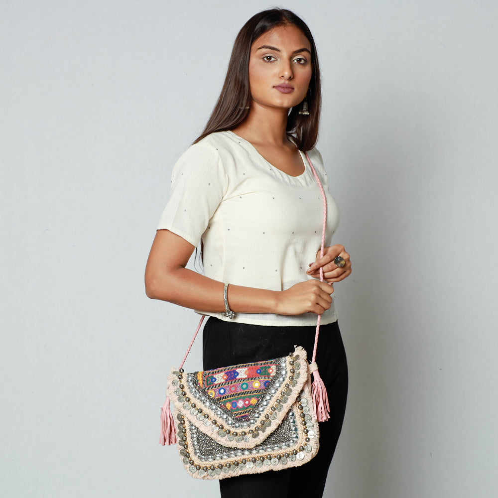 KACHCHH JI CHHAAP Beige - Banjara Vintage Embroidery Mirror, Bead & Coin Work Sling Bag