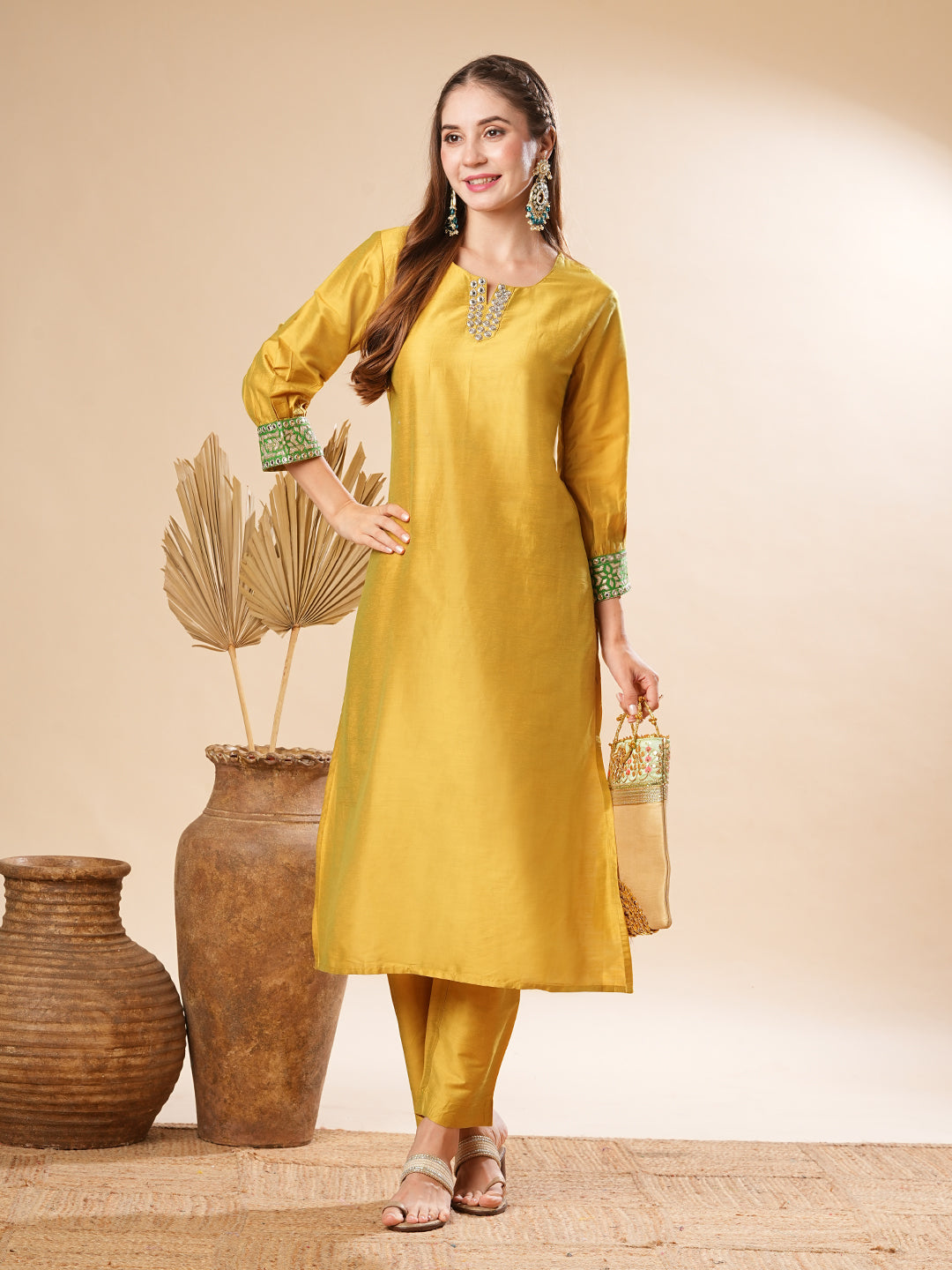 Fashor Solid Two-Toned Mirror, Zari & Applique Embroidered Kurta with Pants Set - Yellow