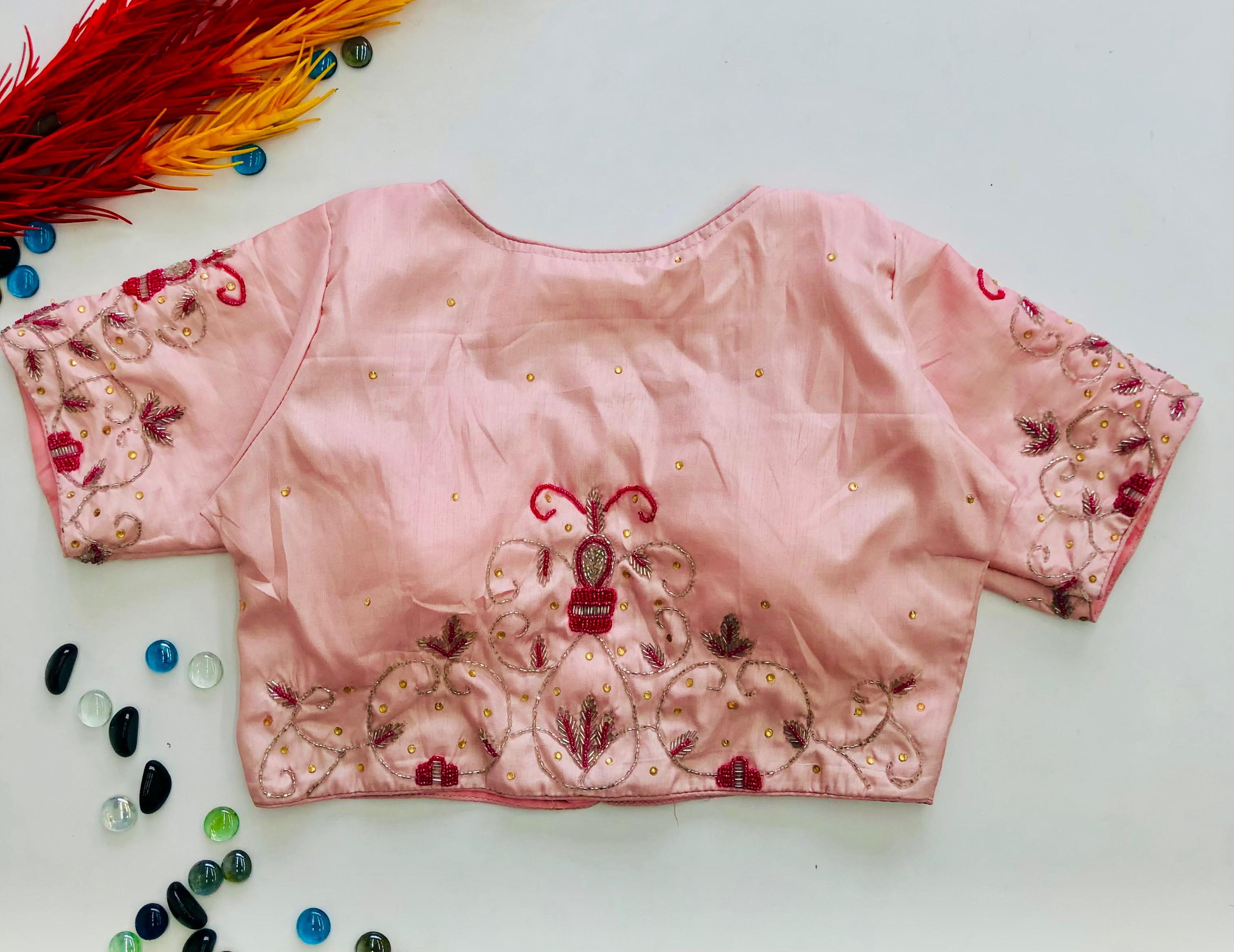 ClothsVilla Peach Color Pearl Embroidered Keri Silk Party Wear Blouse