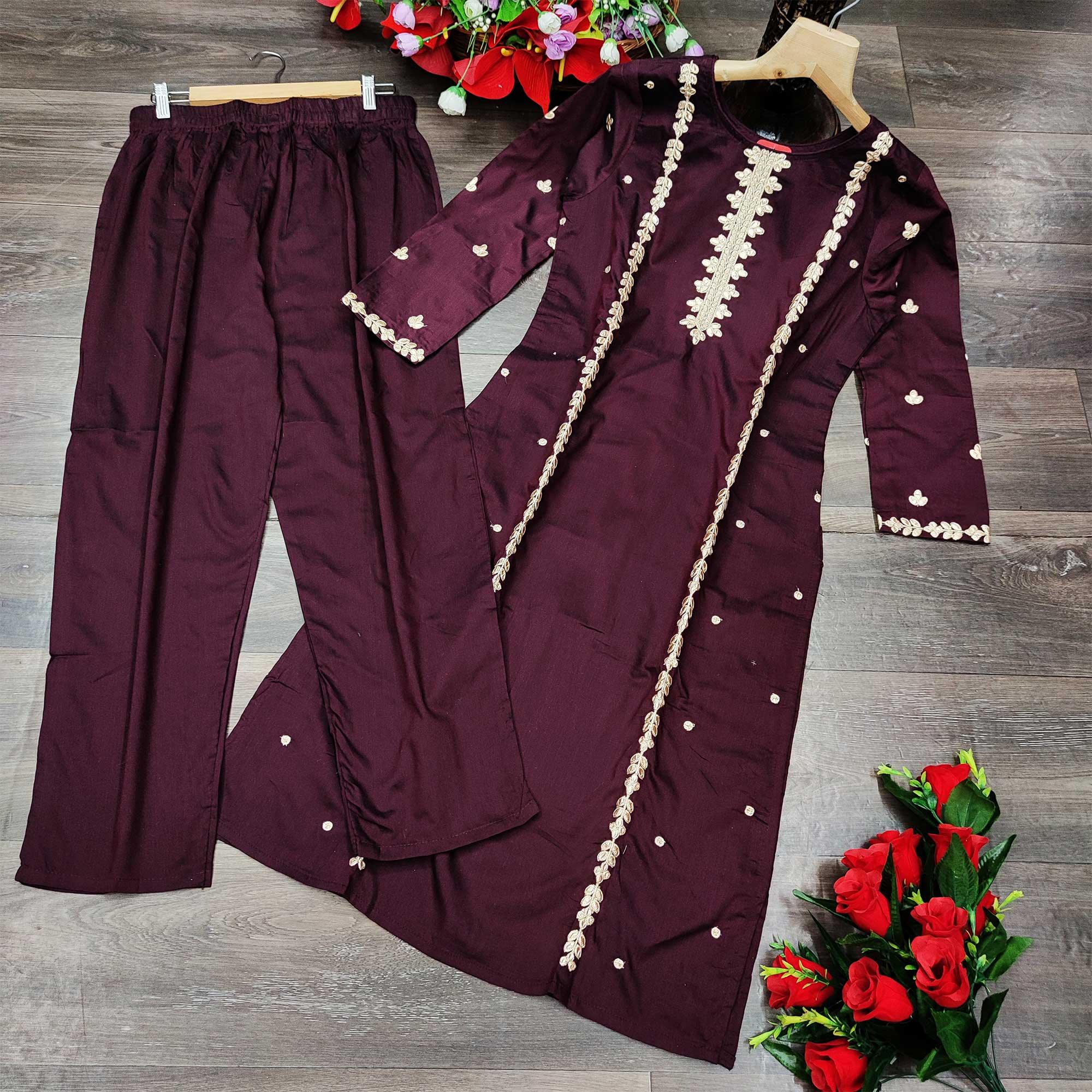 Peachmode Seller Brown Casual Wear Embroidered Pure Viscose Santoon Pallazo Suit - view 2