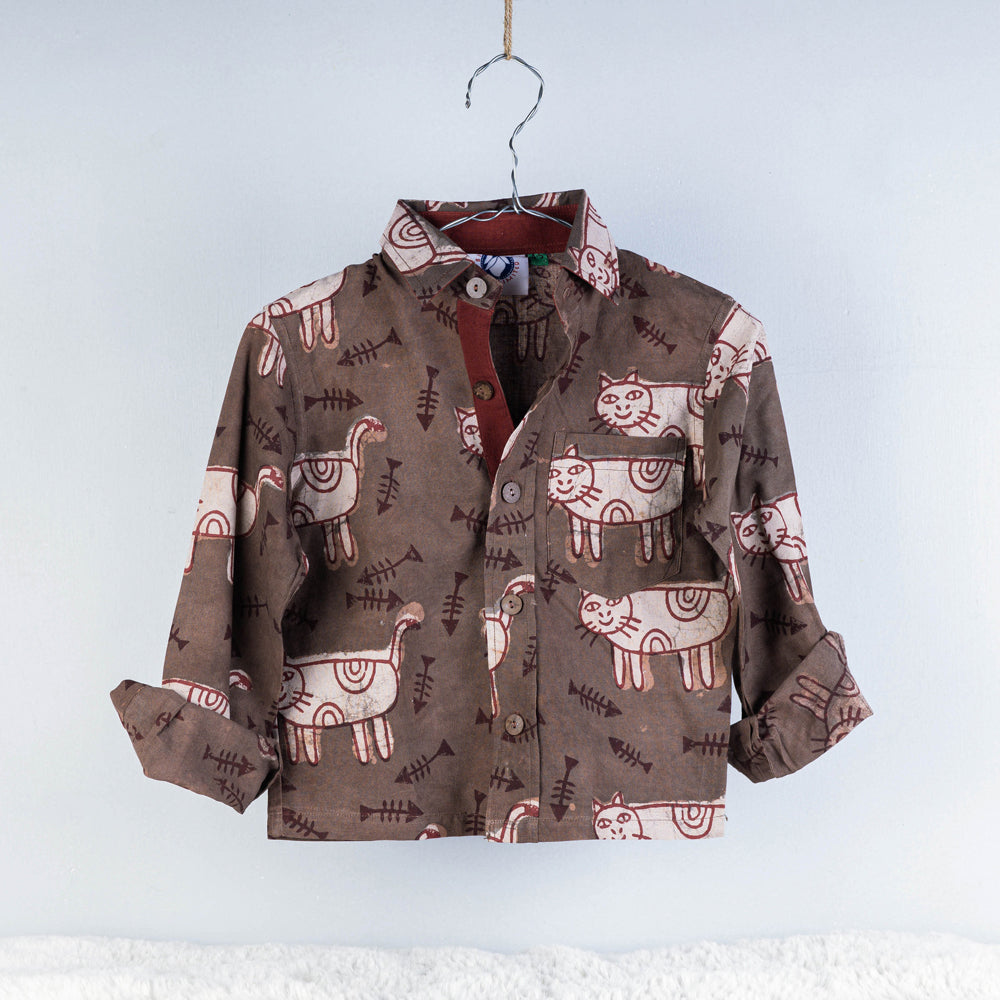 BINDAAS UNLIMITED Brown - Block Art Printed Natural Dyed Cotton Kids Full Sleeve Shirt