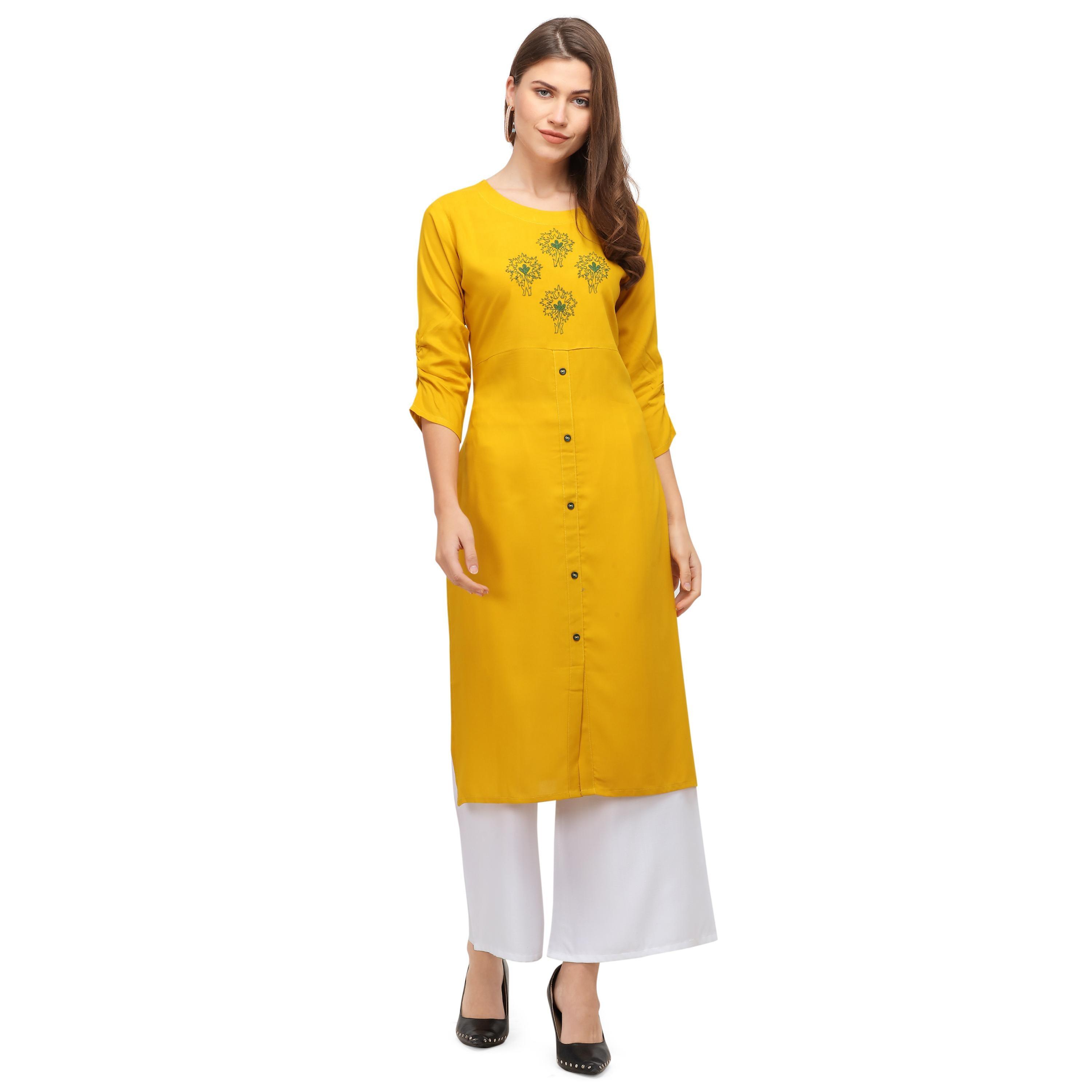 Peachmode Seller Exotic Yellow Colored Casual Wear Embroidered Rayon Kurti With Palazzo
