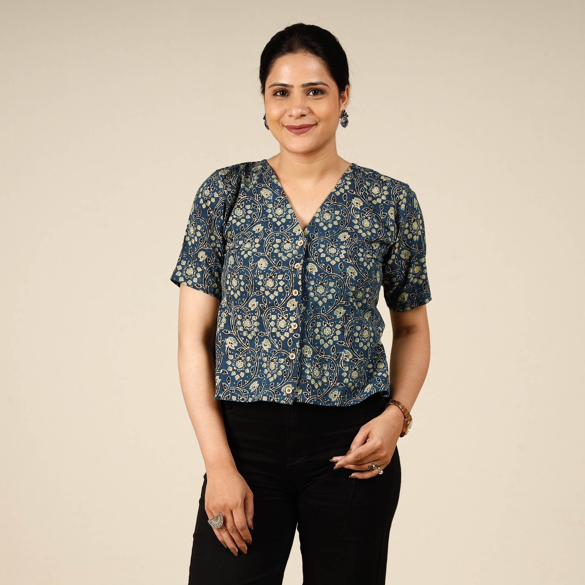 ITOKRI CASUALS Blue - Ajrakh Block Printed Half Sleeve Cotton Crop Top